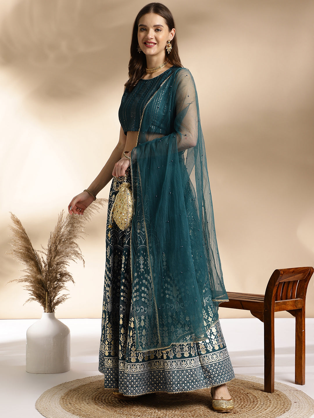 Teal Green Silk Blend Lehenga Choli with Net Dupatta