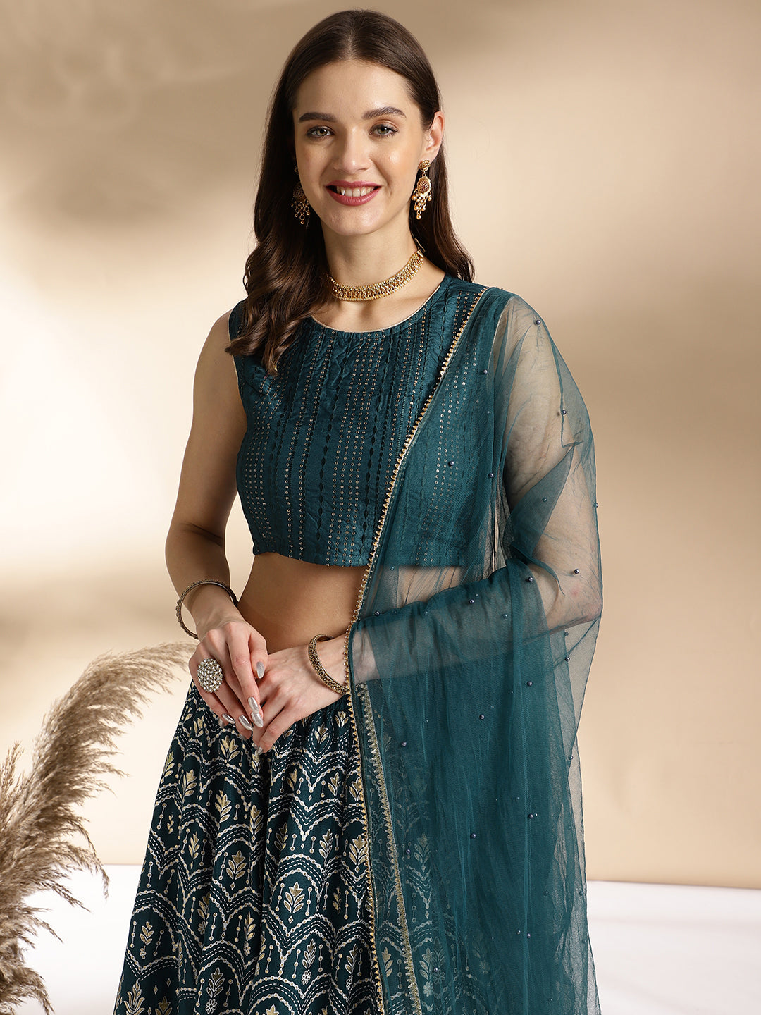 Teal Green Silk Blend Lehenga Choli with Net Dupatta