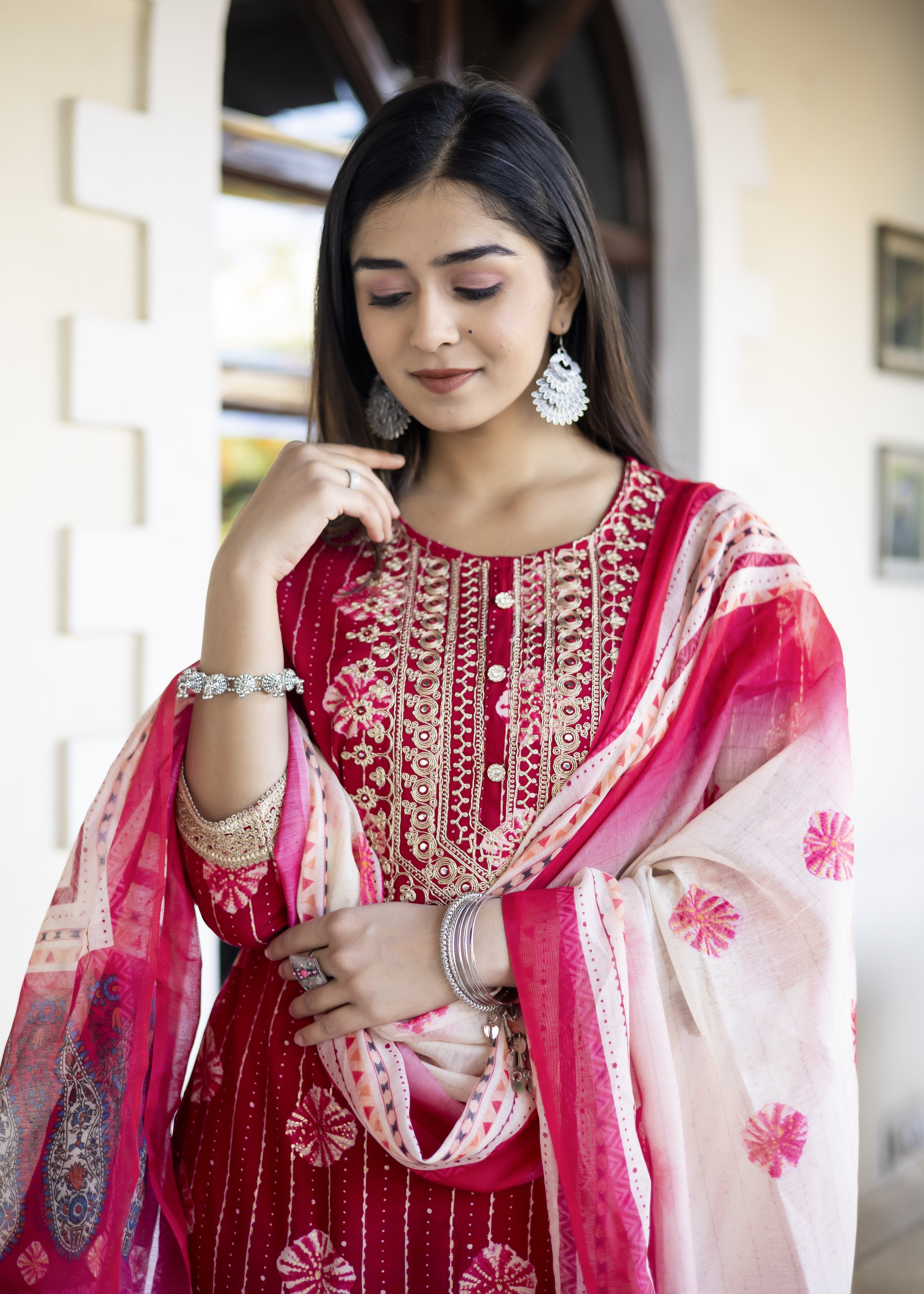 Rani Pink Embroidered Kurta Sharara Set with Dupatta