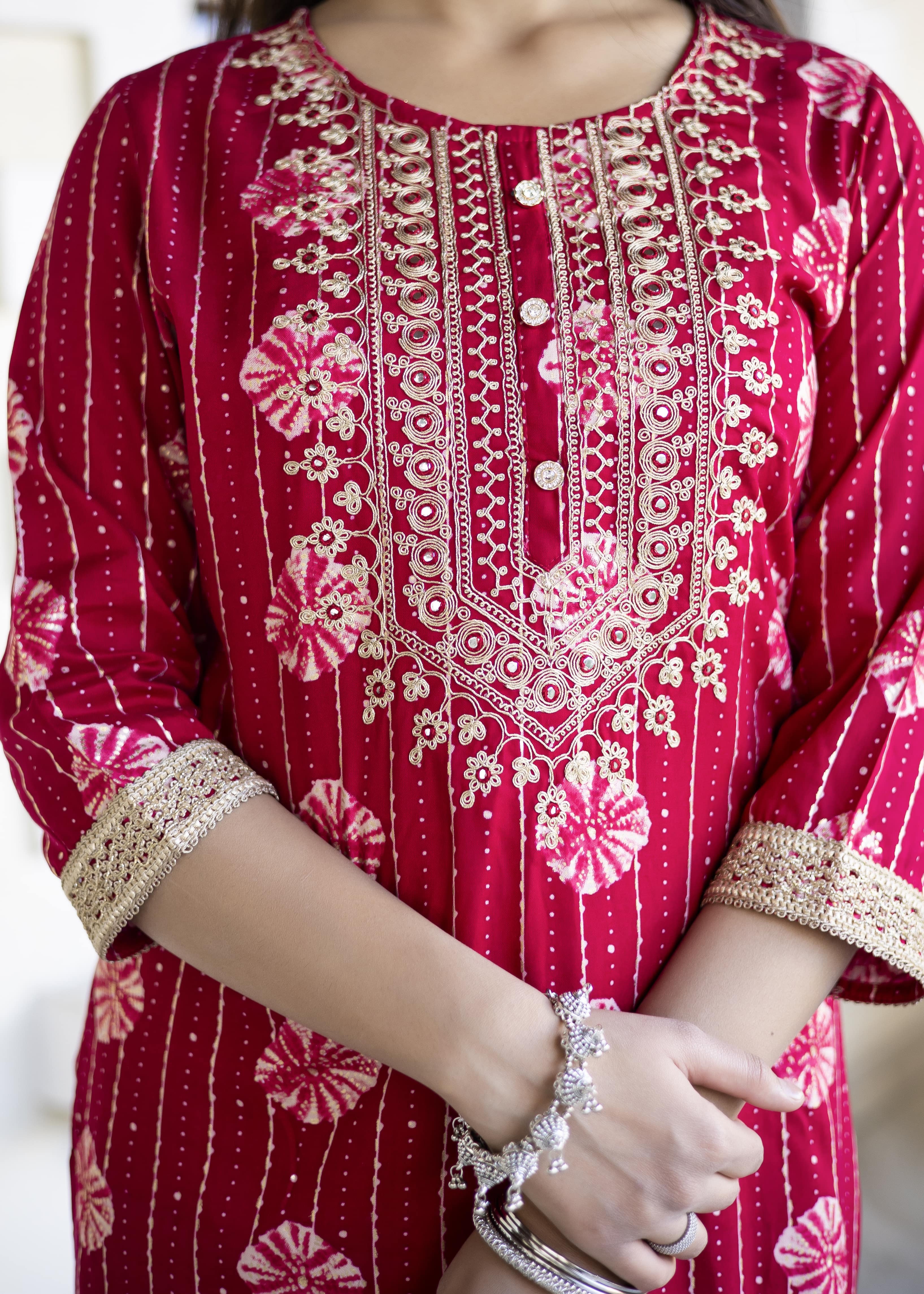 Rani Pink Embroidered Kurta Sharara Set with Dupatta