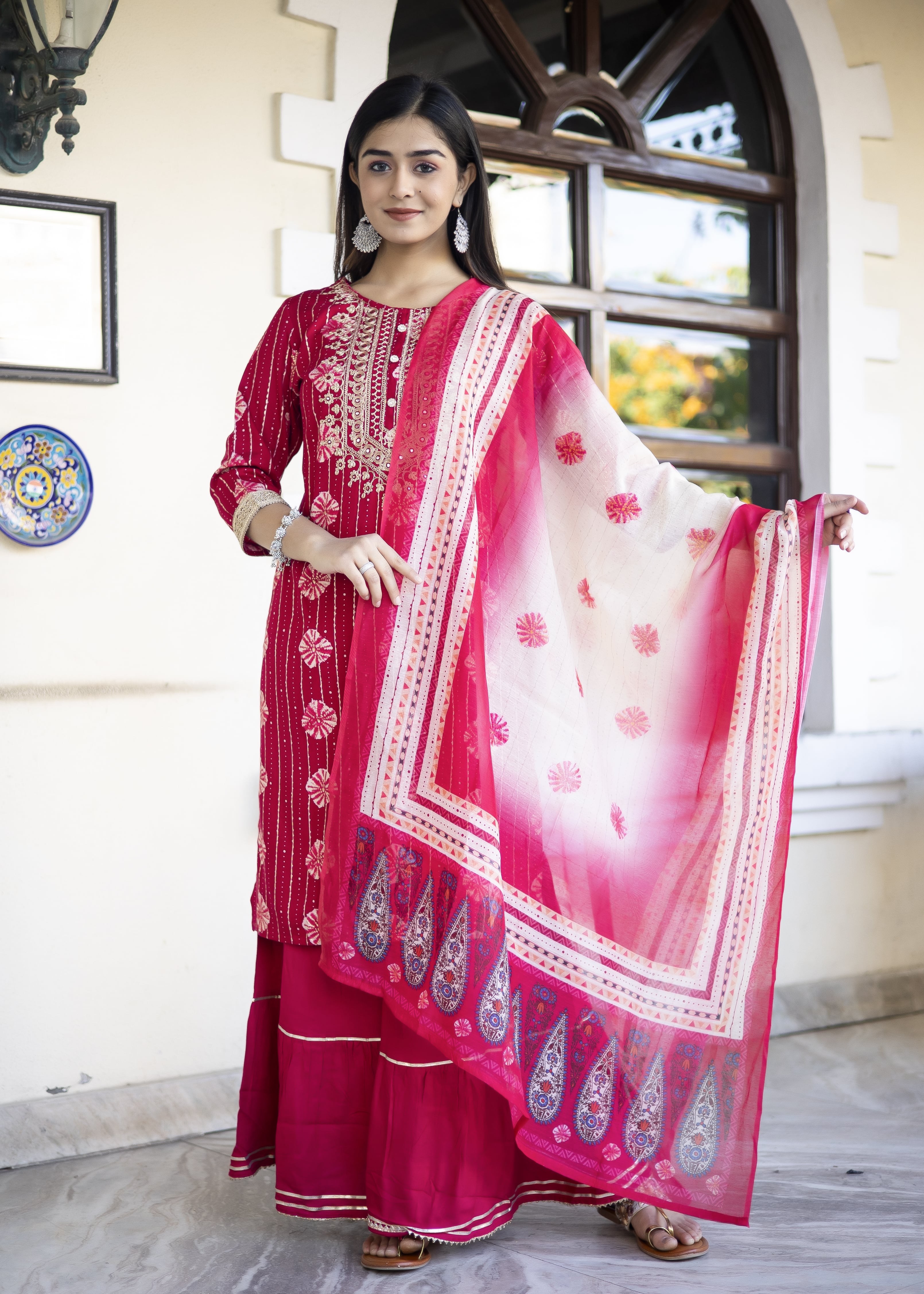 Rani Pink Embroidered Kurta Sharara Set with Dupatta