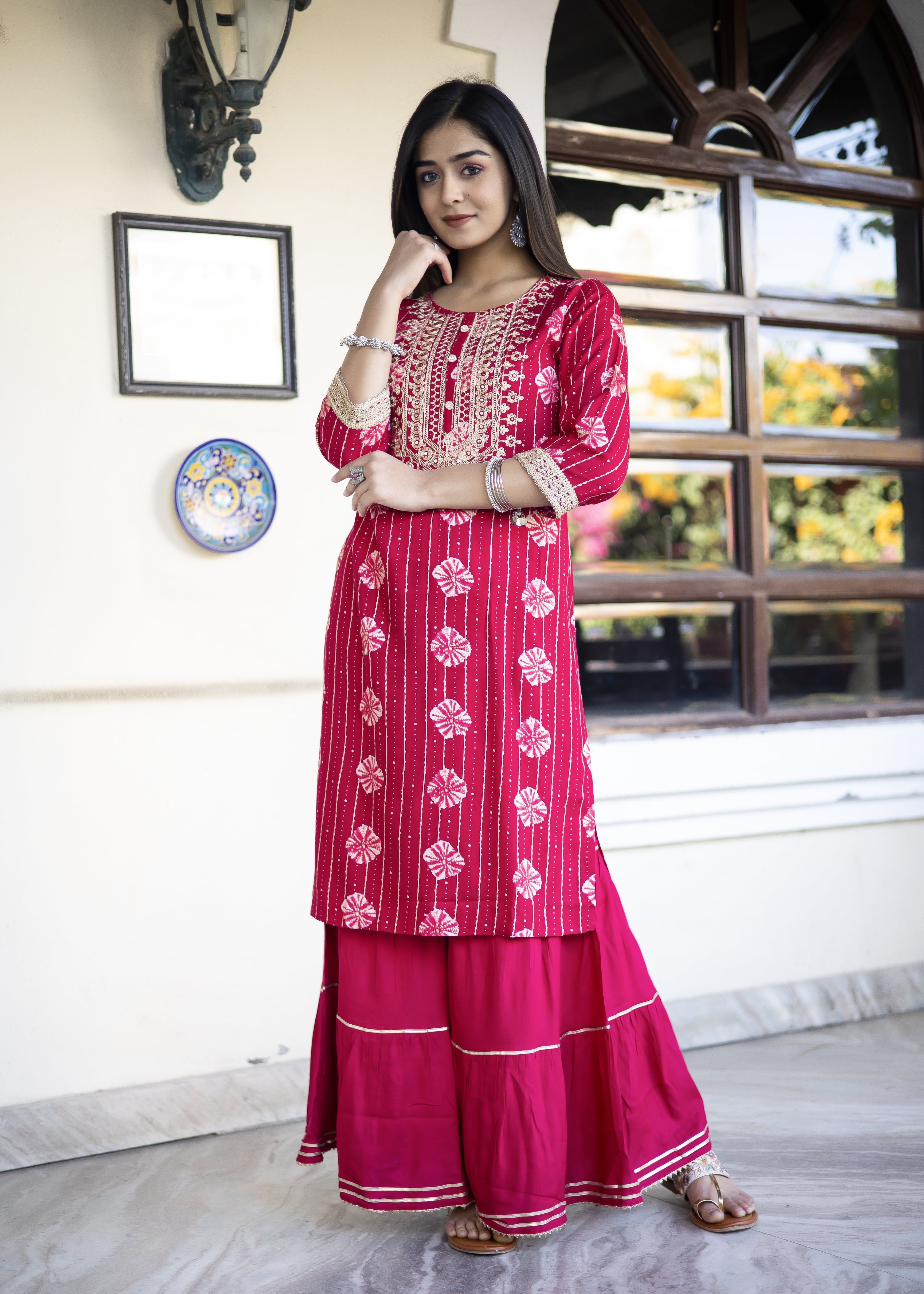 Rani Pink Embroidered Kurta Sharara Set with Dupatta