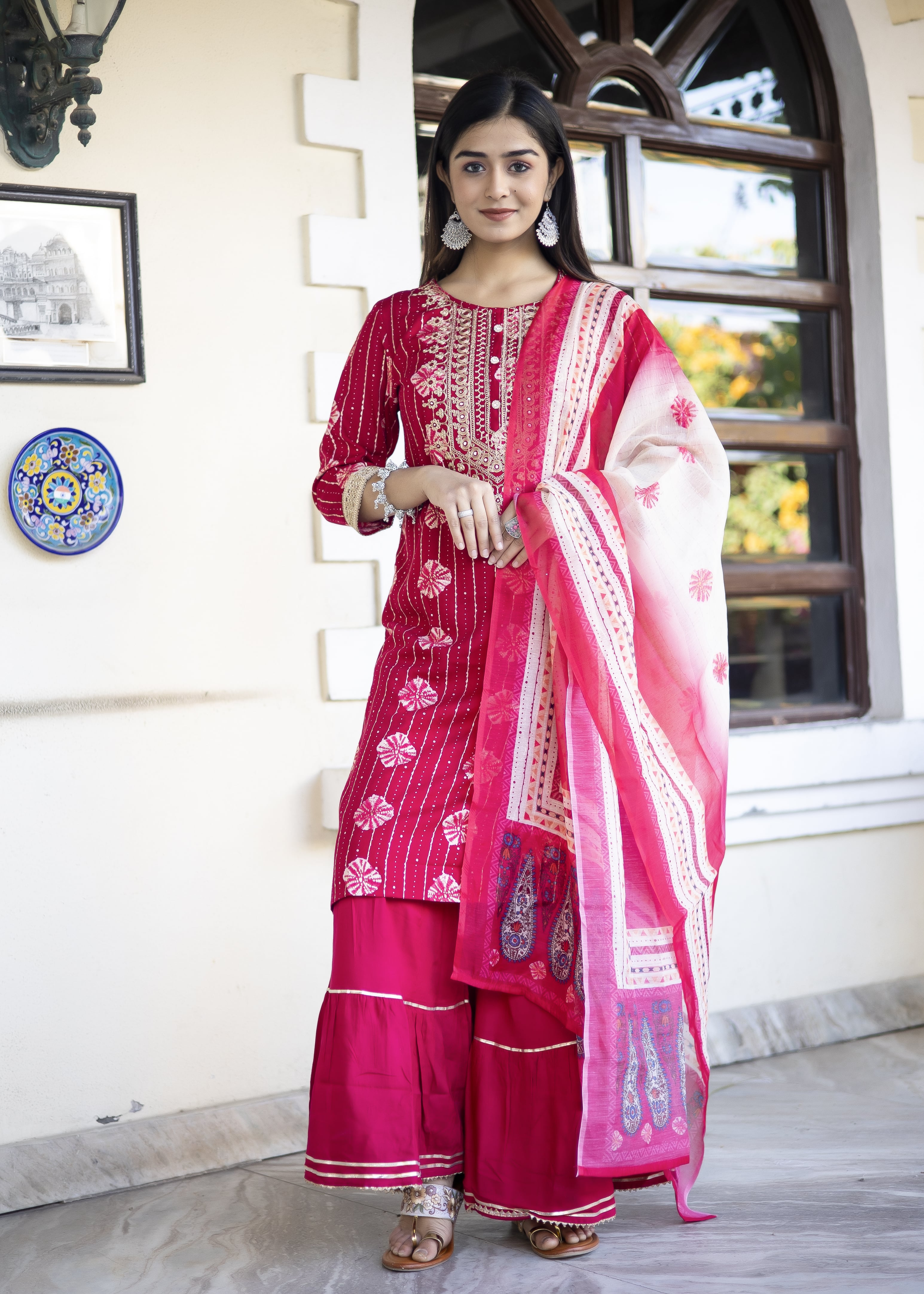 Rani Pink Embroidered Kurta Sharara Set with Dupatta