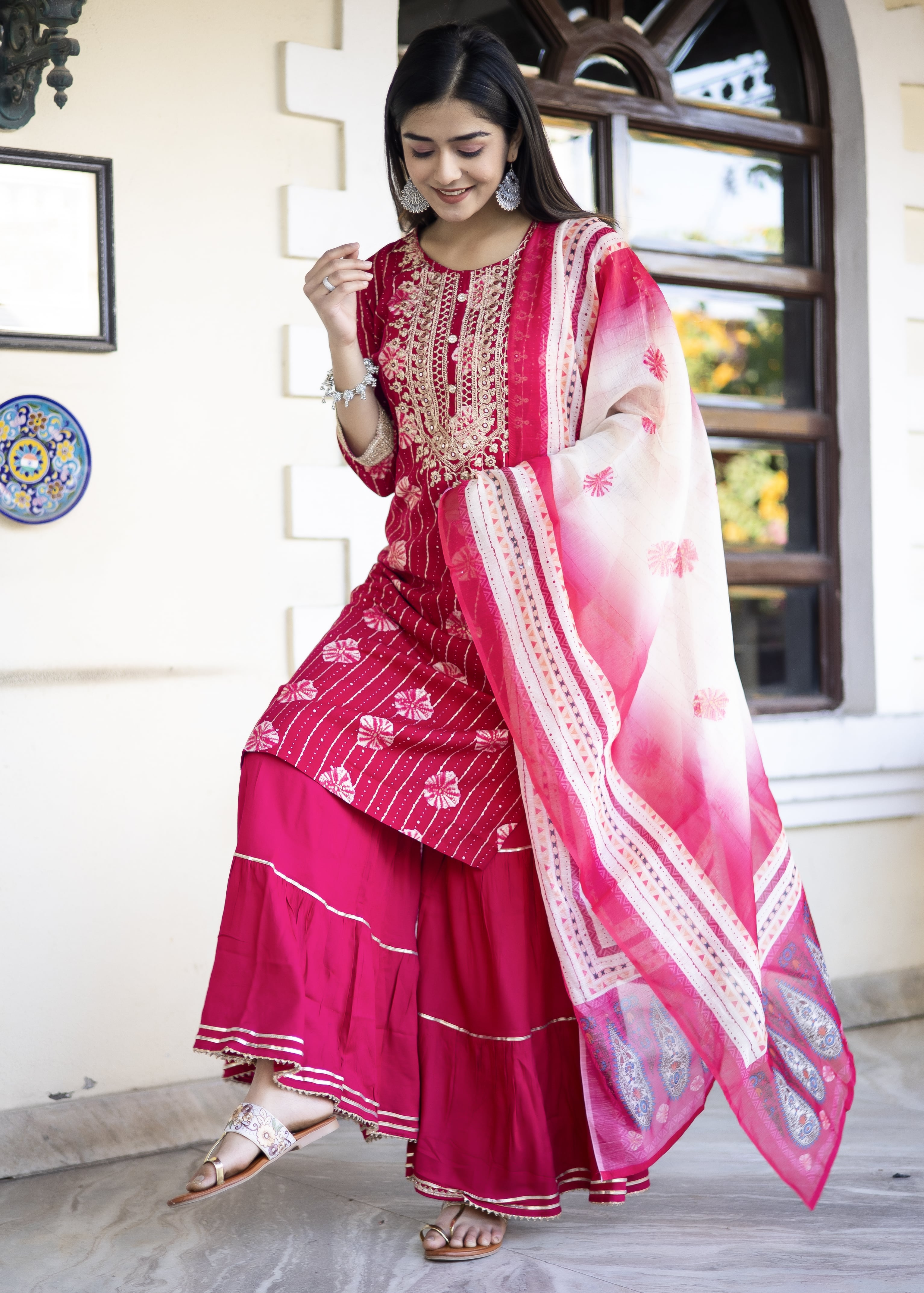 Rani Pink Embroidered Kurta Sharara Set with Dupatta