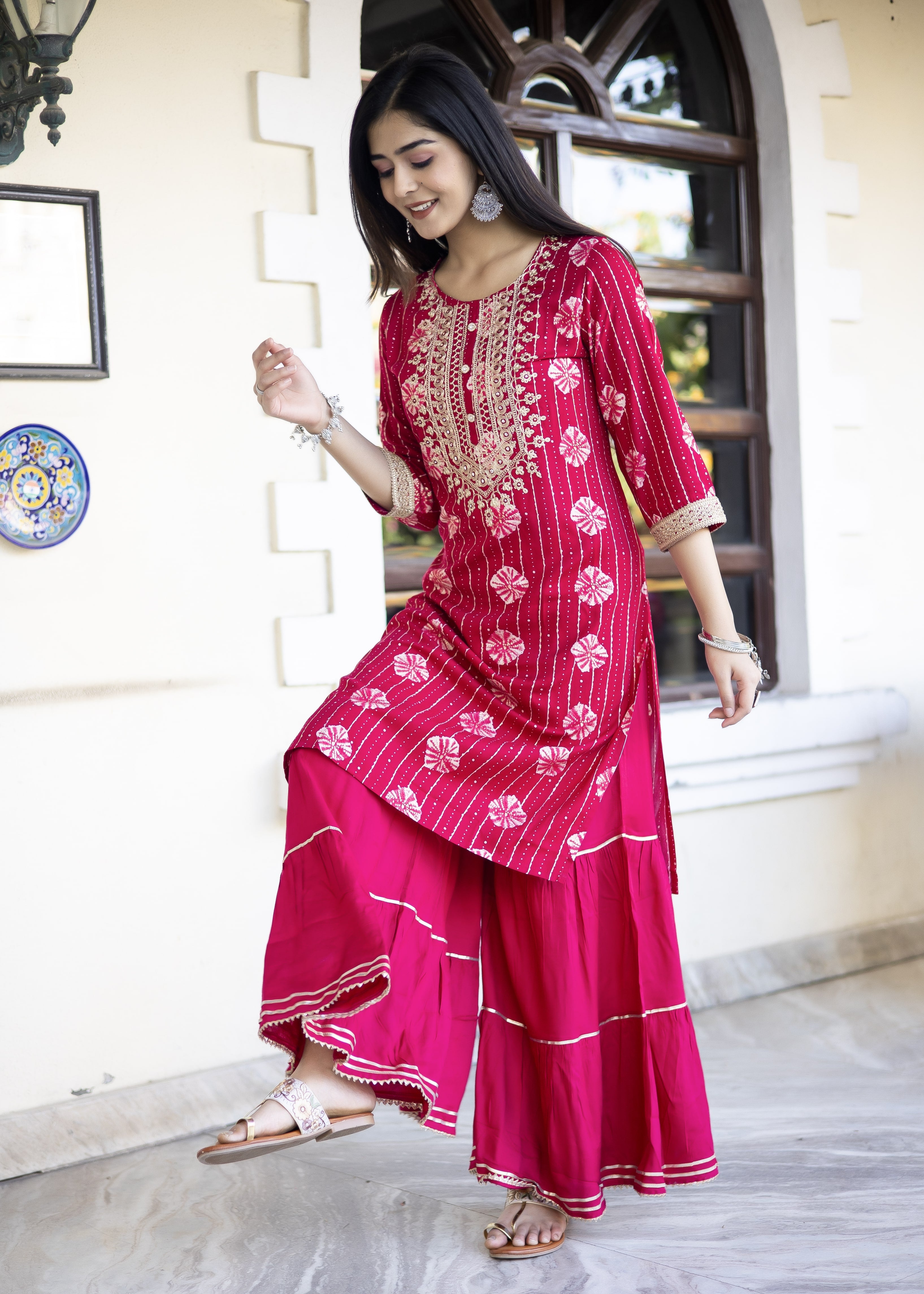 Rani Pink Embroidered Kurta Sharara Set with Dupatta
