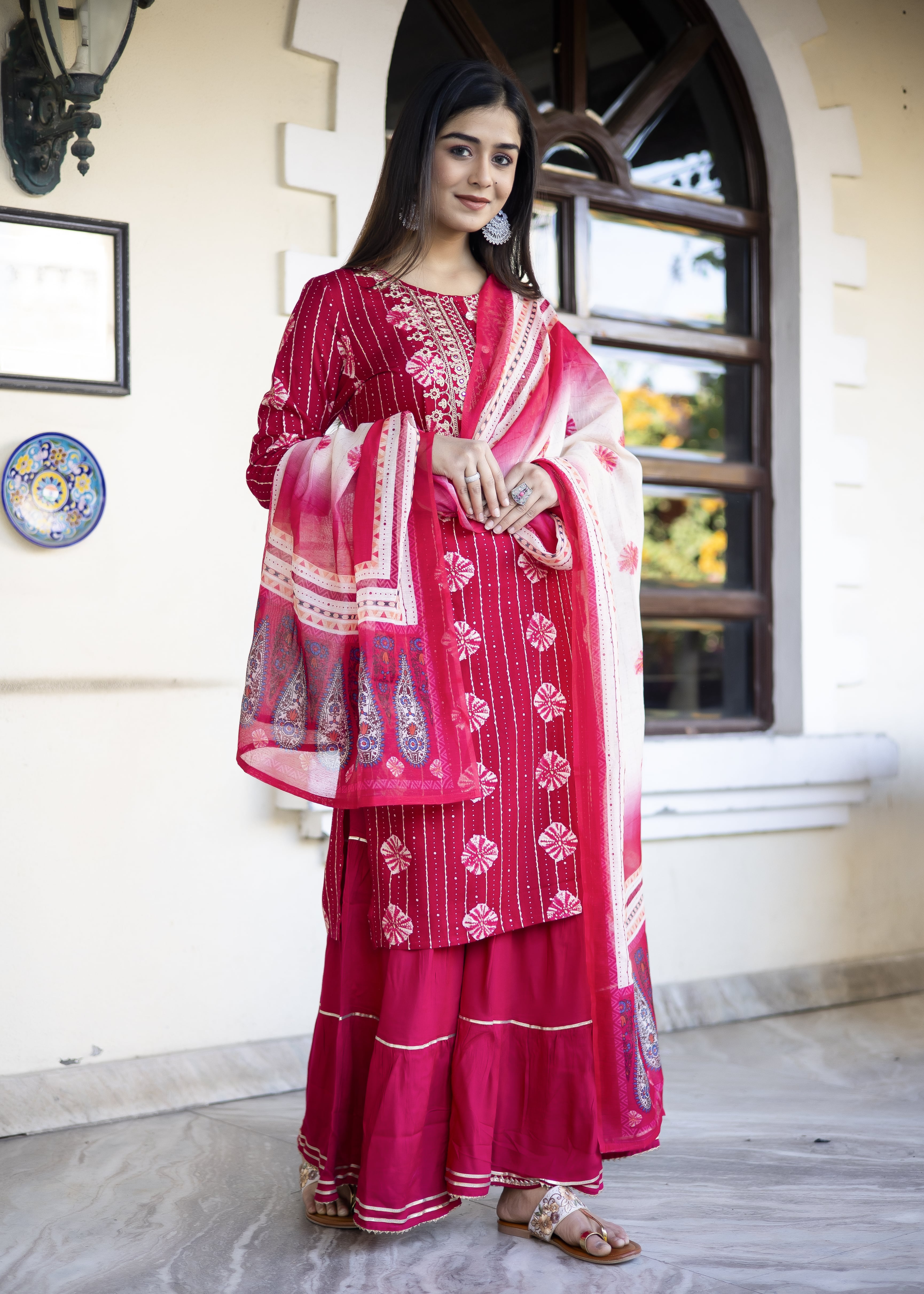 Rani Pink Embroidered Kurta Sharara Set with Dupatta
