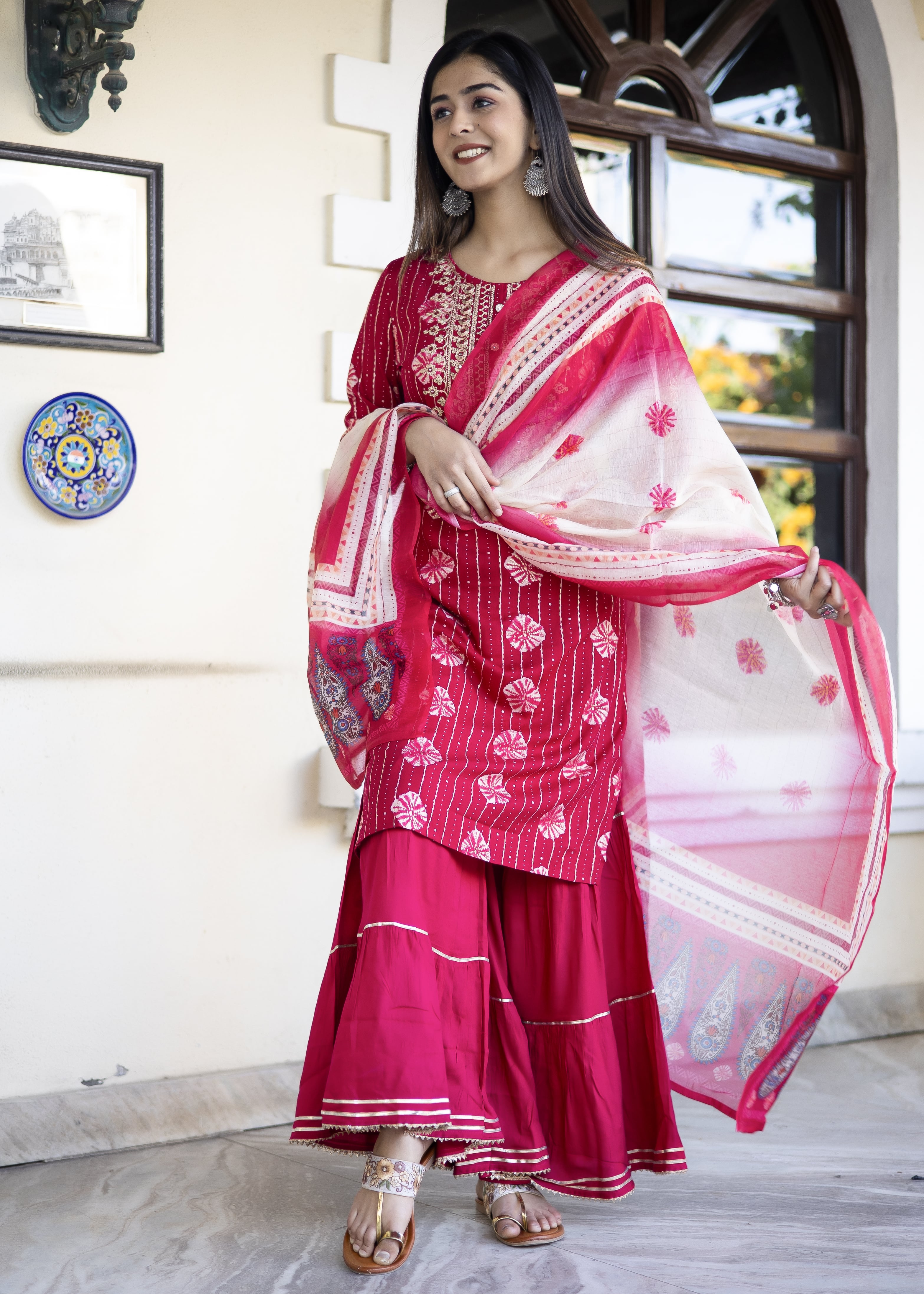 Rani Pink Embroidered Kurta Sharara Set with Dupatta