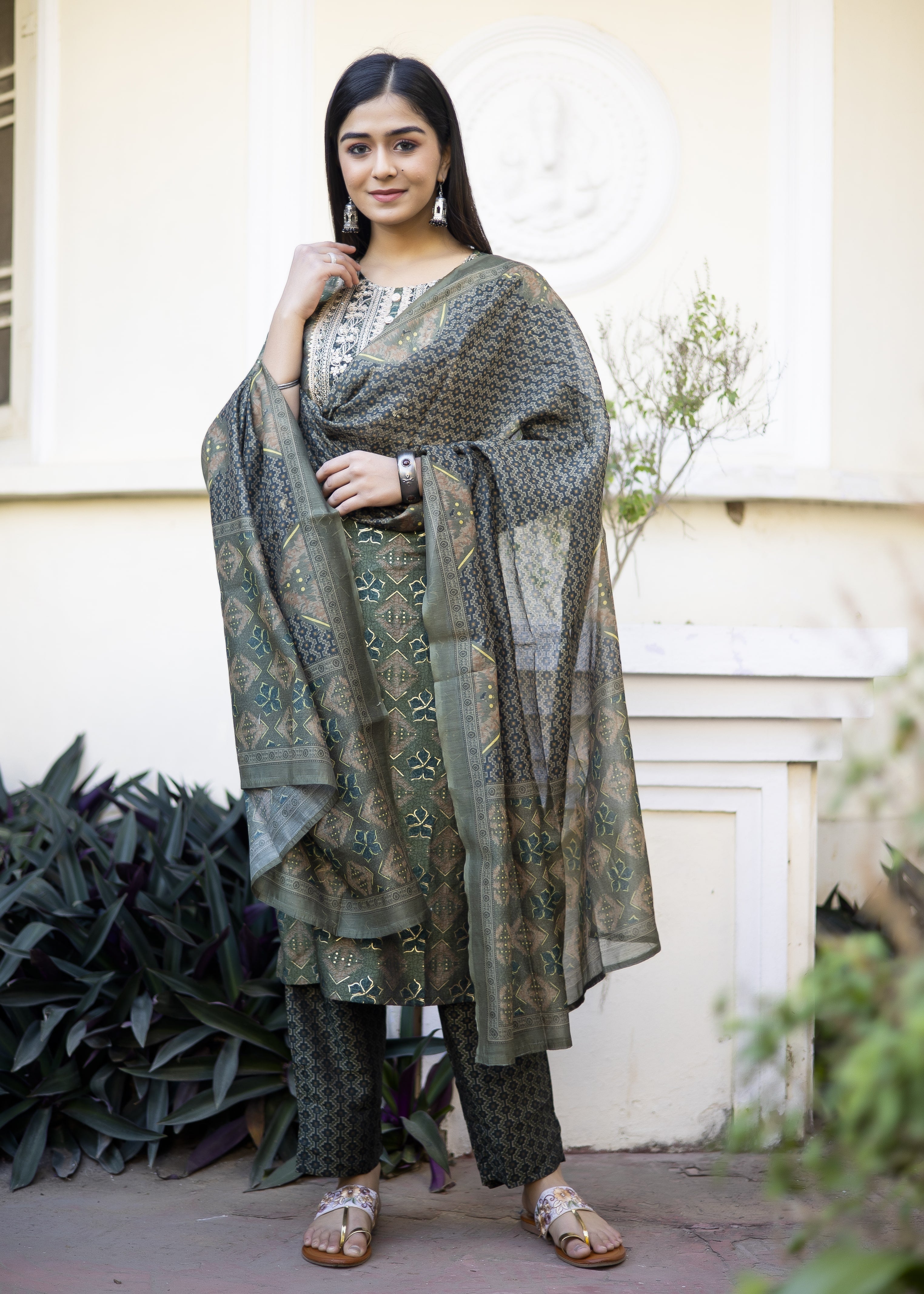 Elegant Green Embroidered Kurta Set with Printed Dupatta