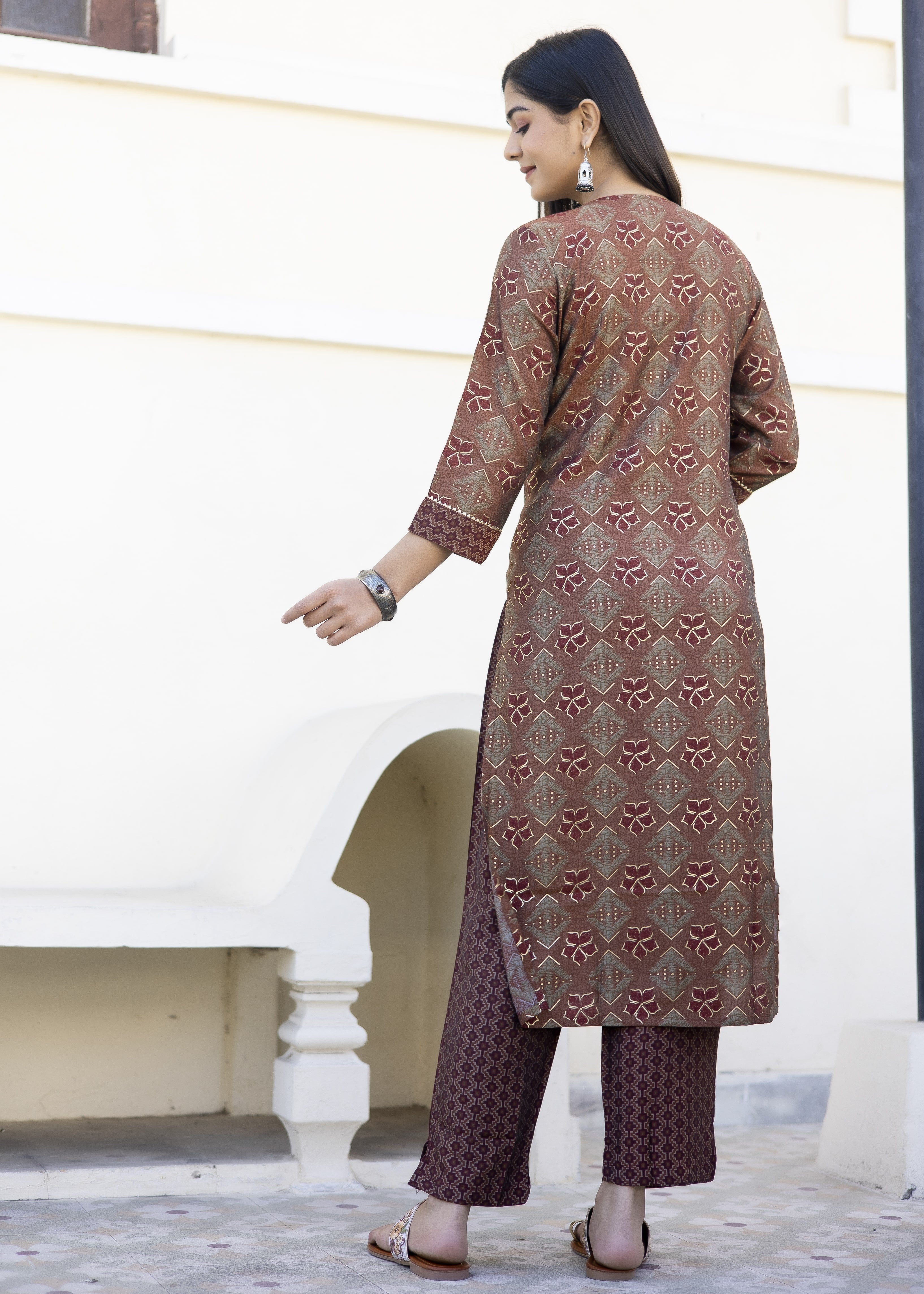 Rust Printed Kurta Set with Embroidered Yoke & Dupatta