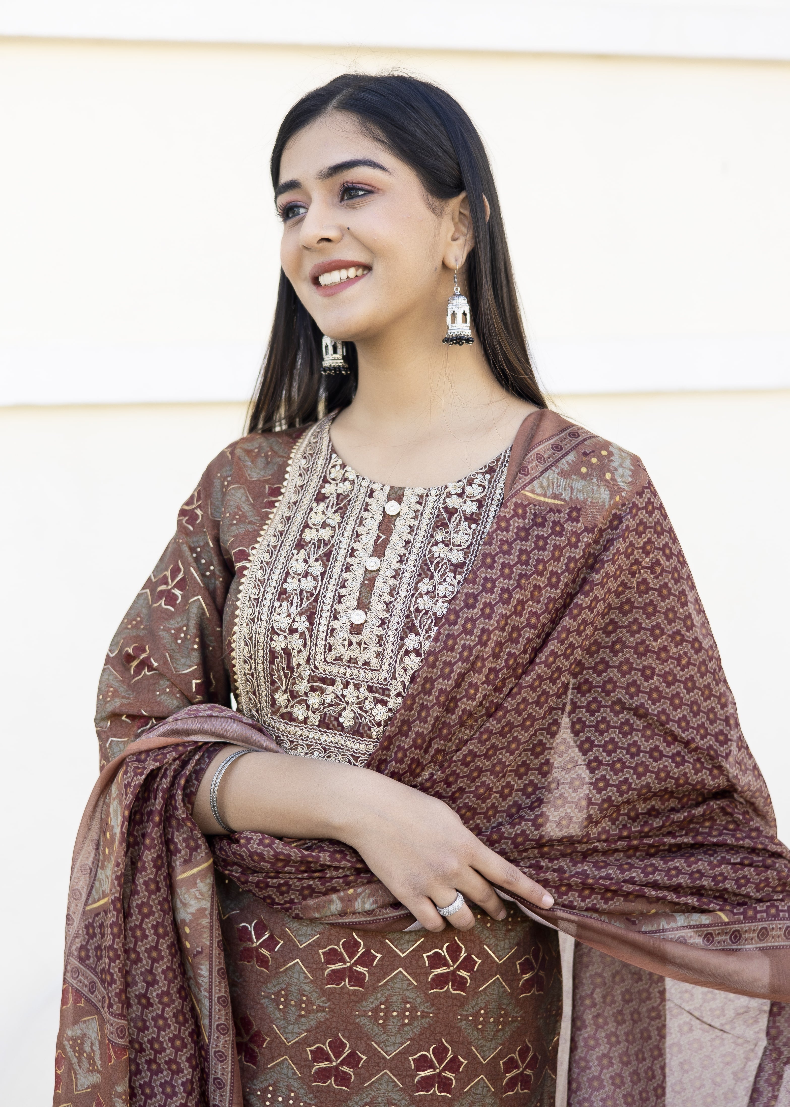 Rust Printed Kurta Set with Embroidered Yoke & Dupatta