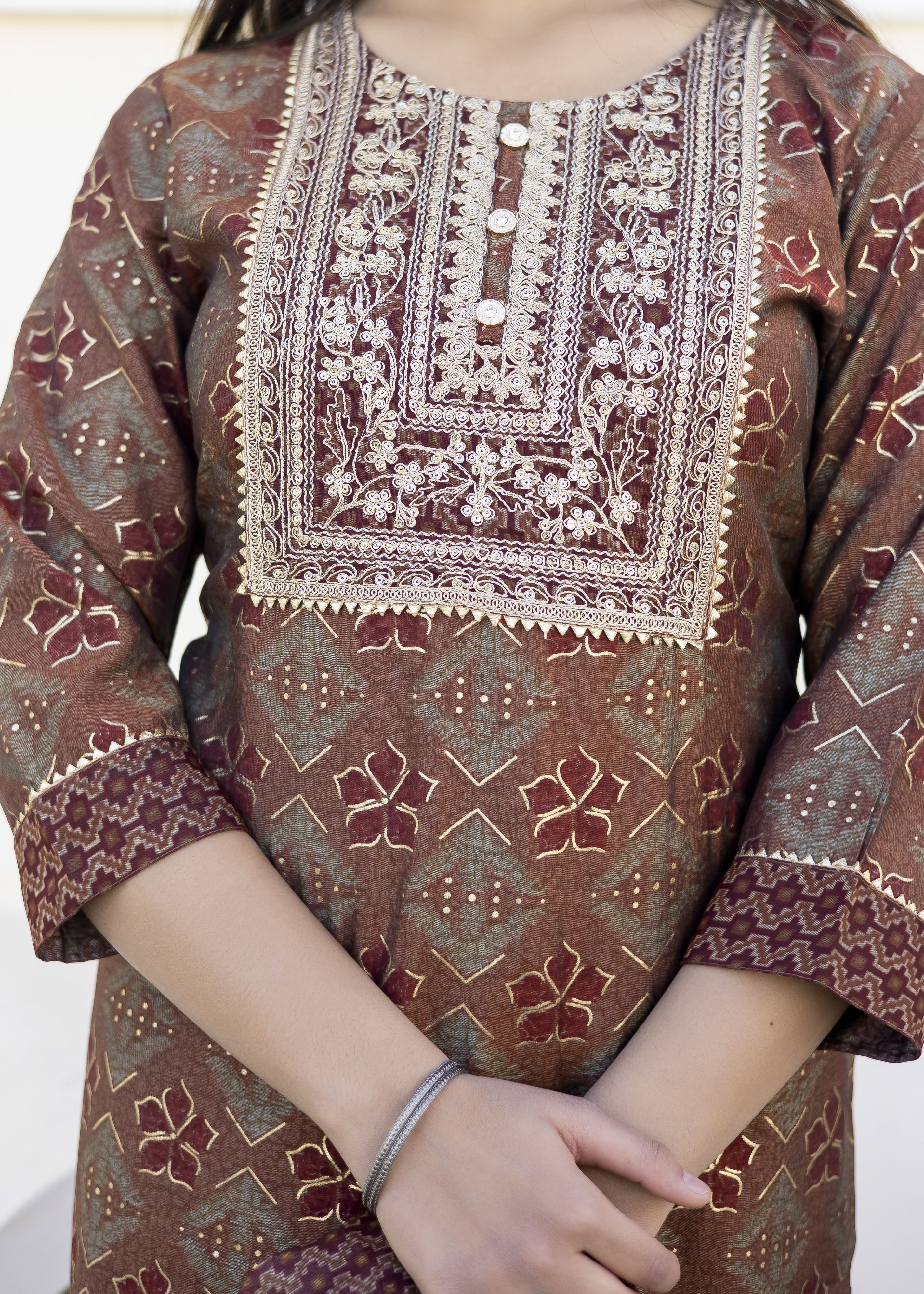 Rust Printed Kurta Set with Embroidered Yoke & Dupatta