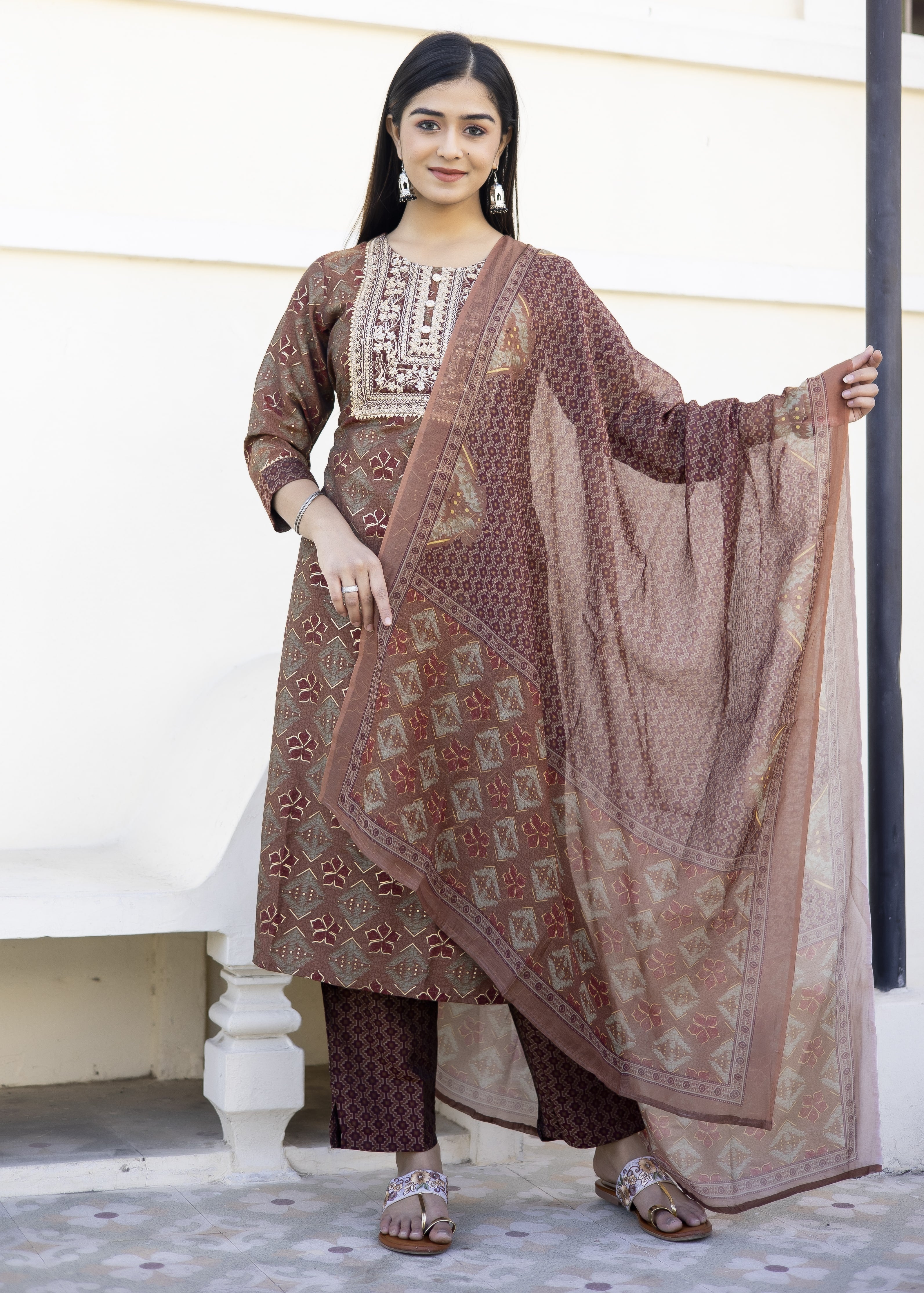 Rust Printed Kurta Set with Embroidered Yoke & Dupatta