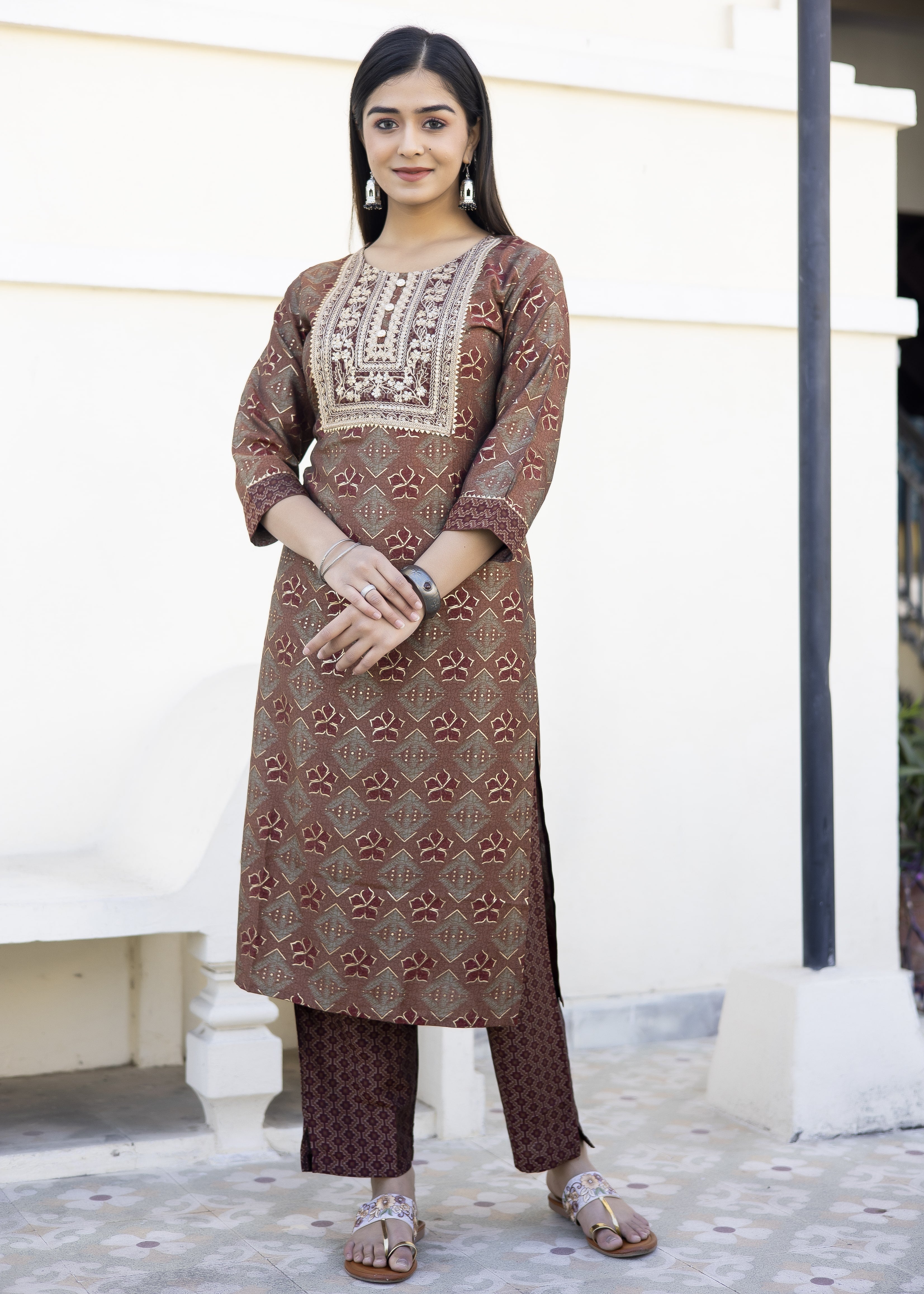 Rust Printed Kurta Set with Embroidered Yoke & Dupatta