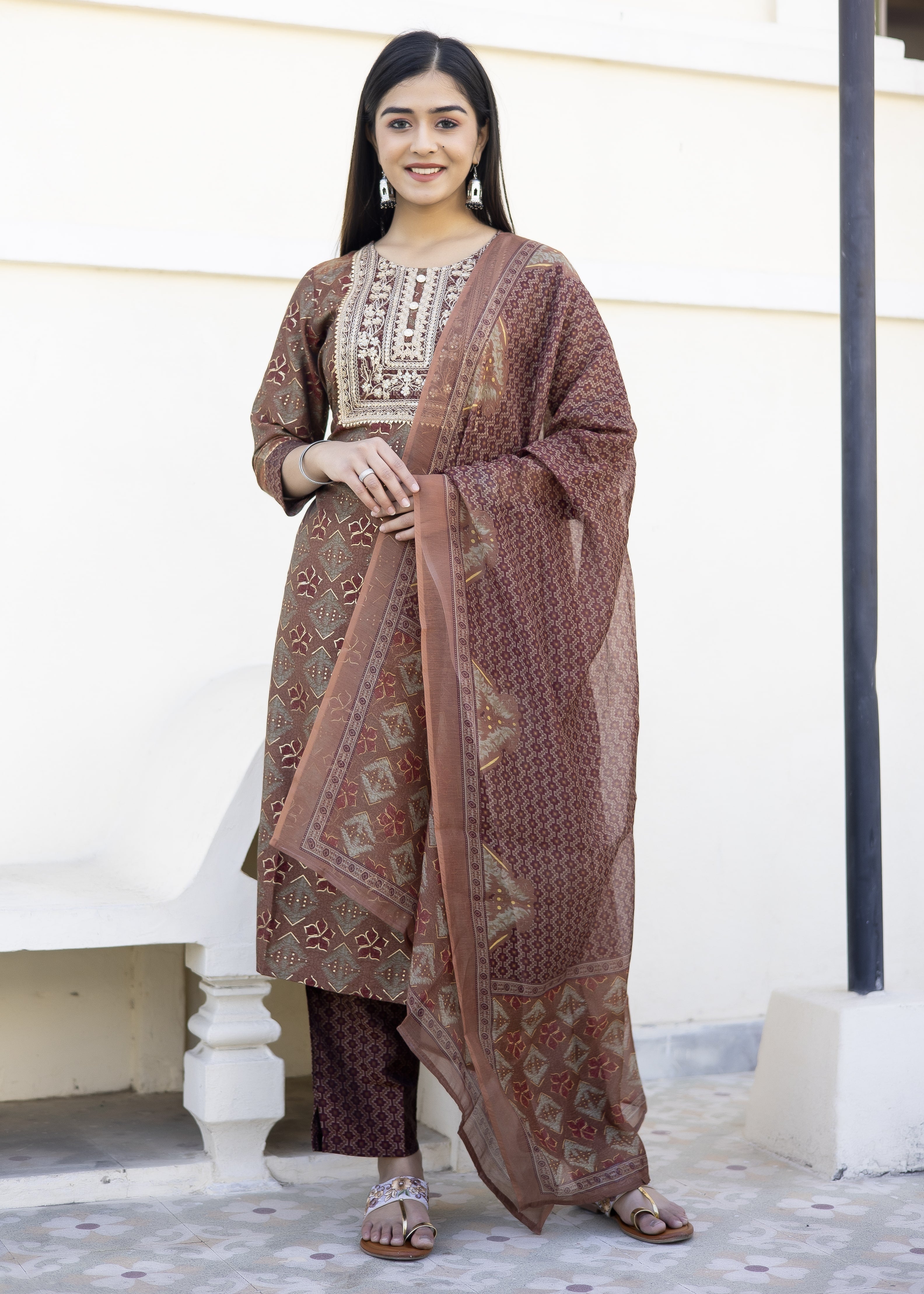 Rust Printed Kurta Set with Embroidered Yoke & Dupatta
