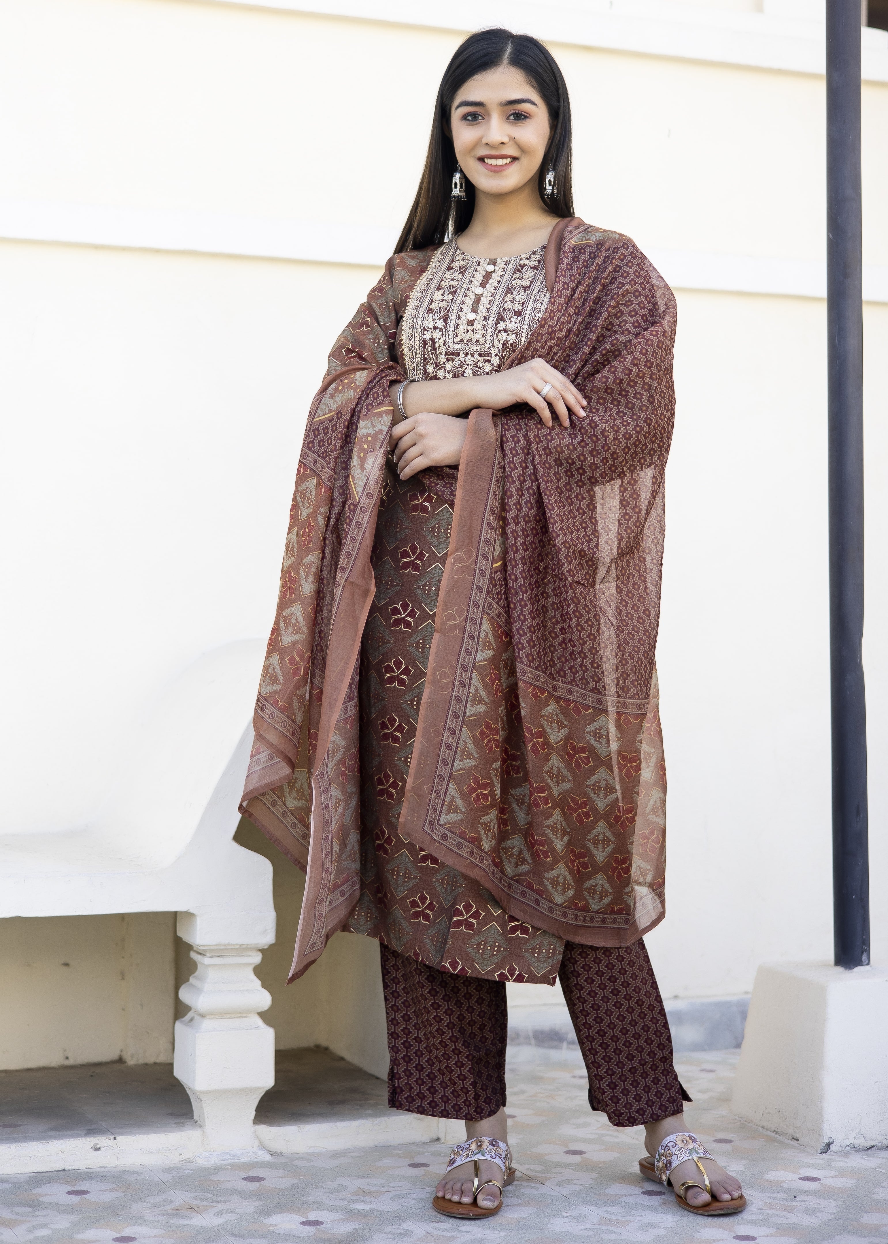 Rust Printed Kurta Set with Embroidered Yoke & Dupatta