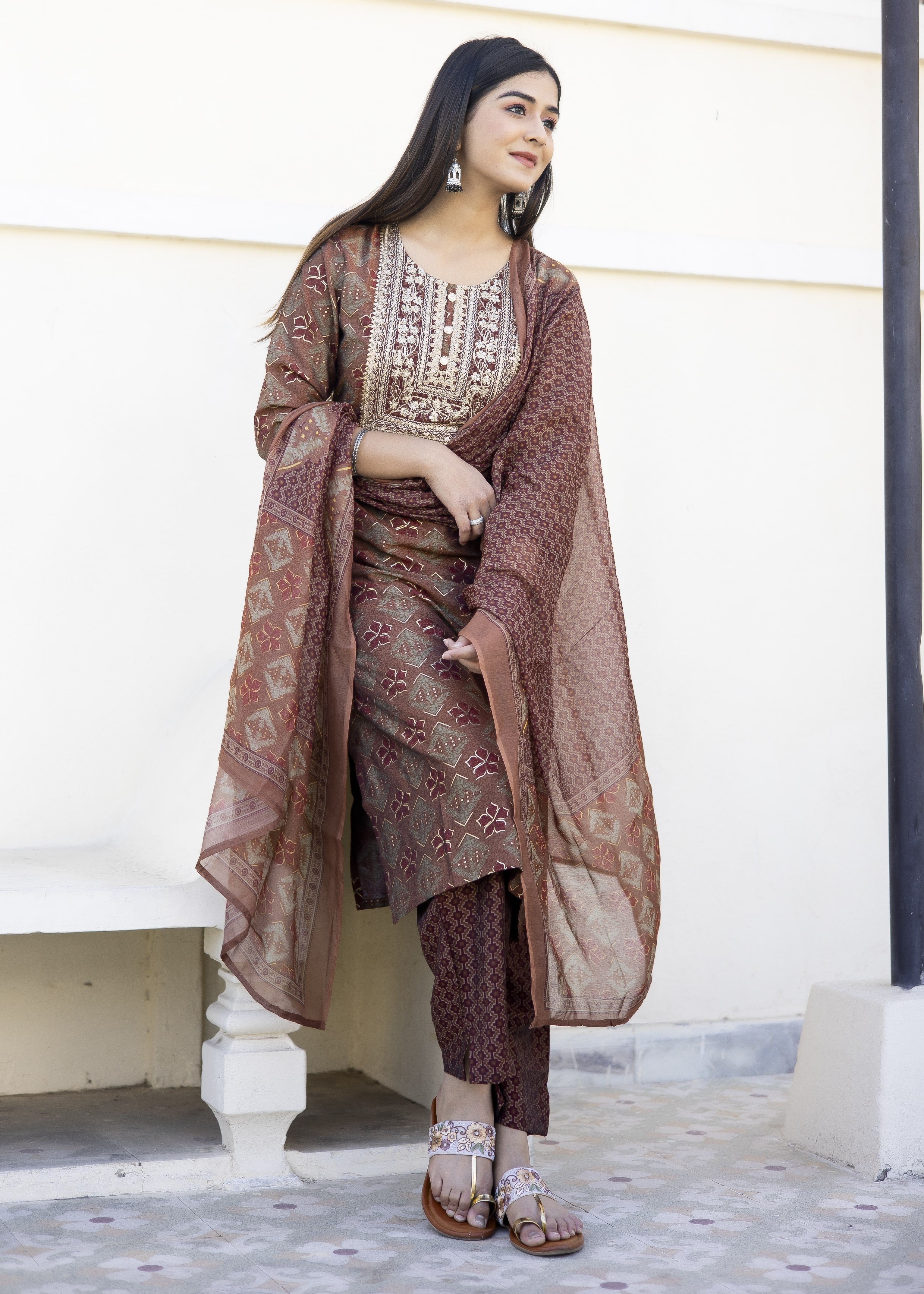 Rust Printed Kurta Set with Embroidered Yoke & Dupatta