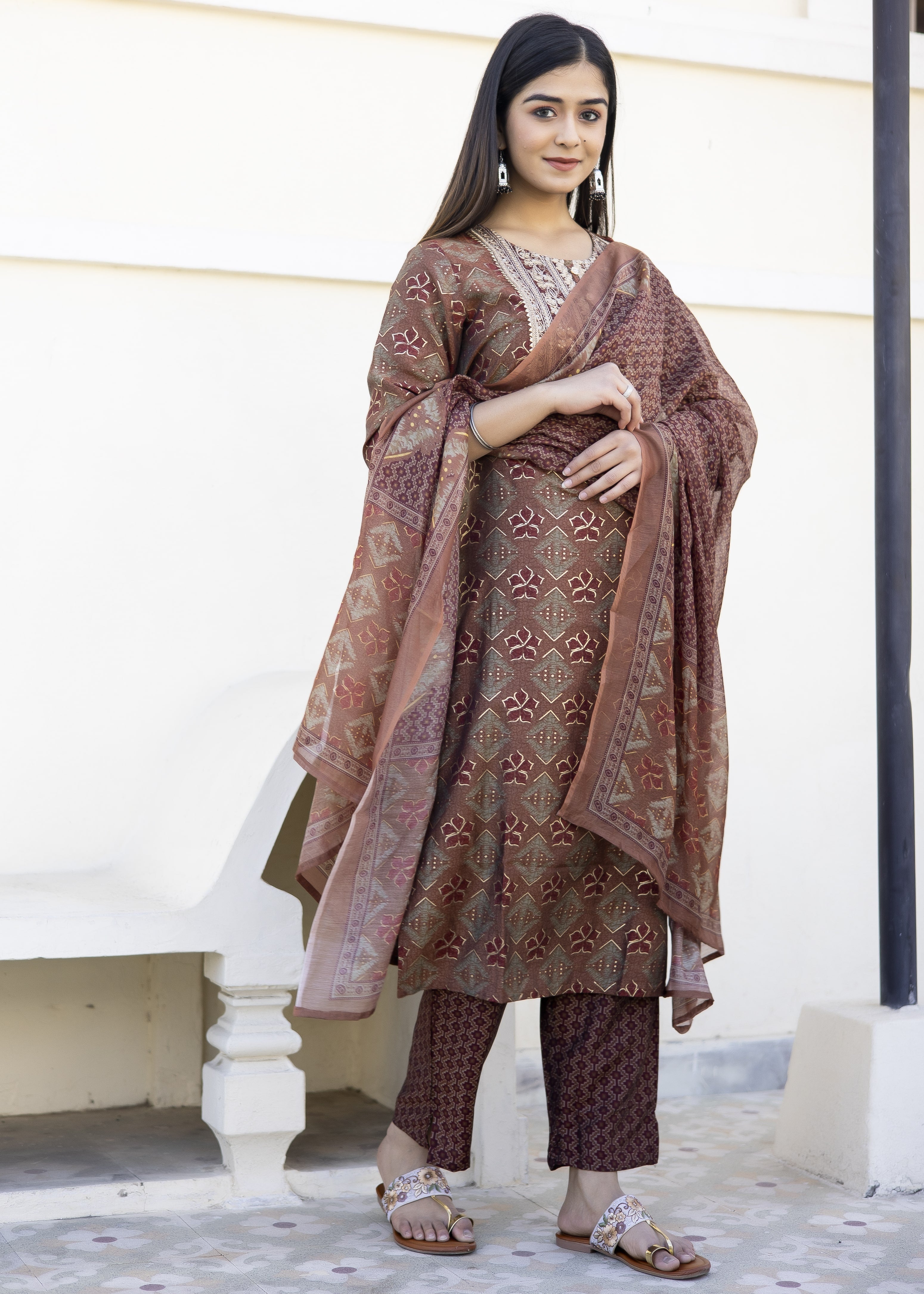 Rust Printed Kurta Set with Embroidered Yoke & Dupatta