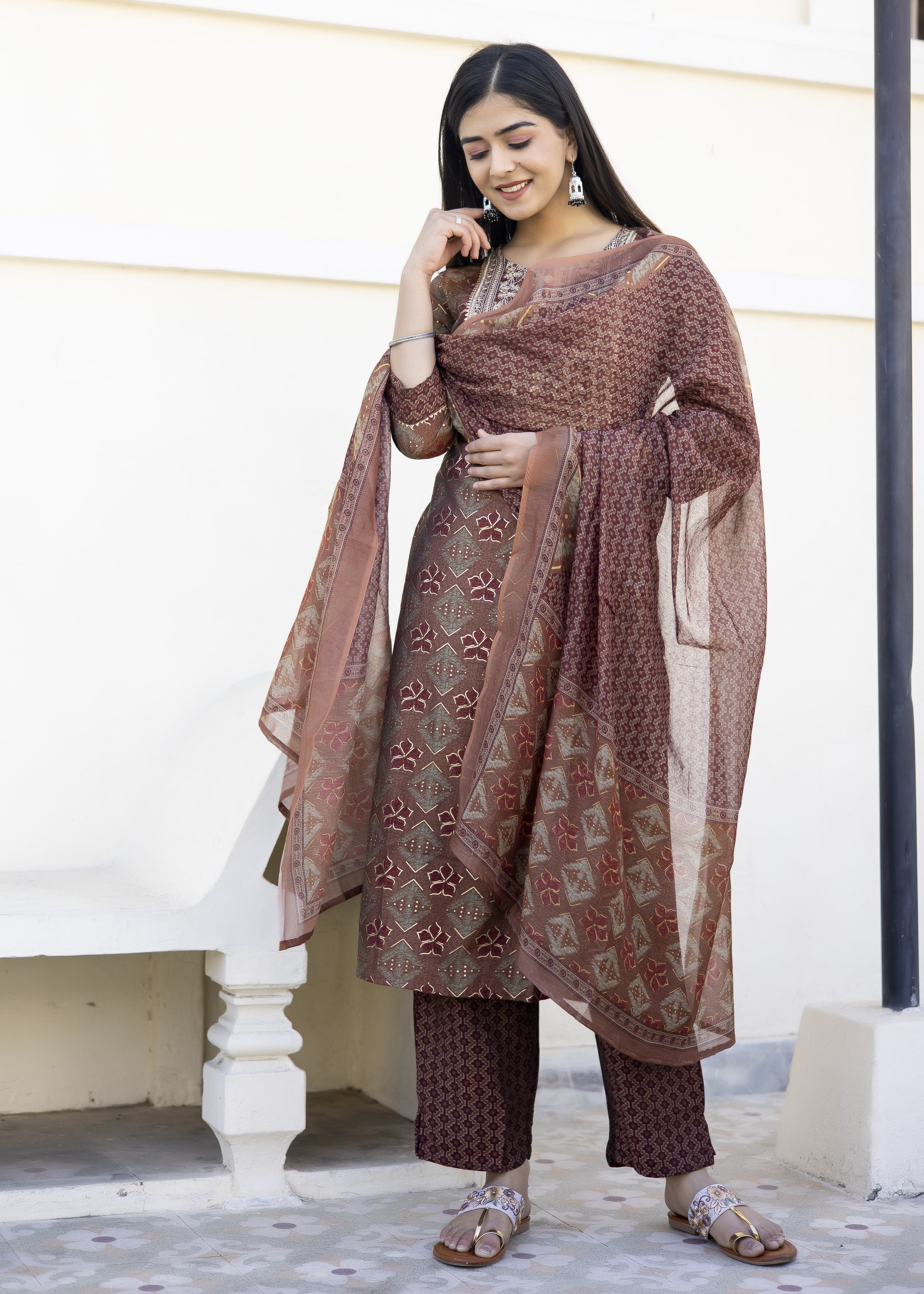 Rust Printed Kurta Set with Embroidered Yoke & Dupatta