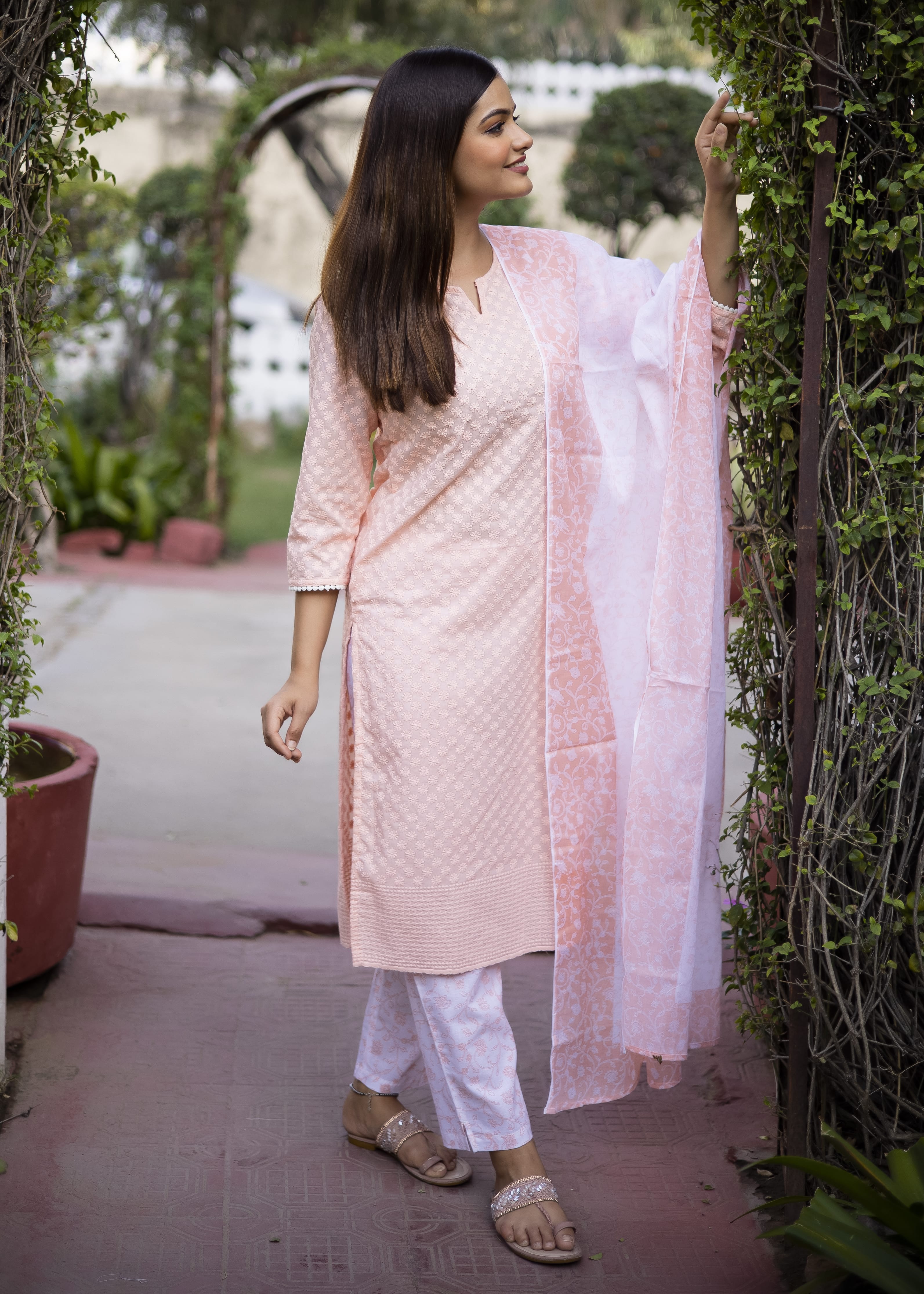 Elegant Peach Embroidered Suit Set with Dupatta