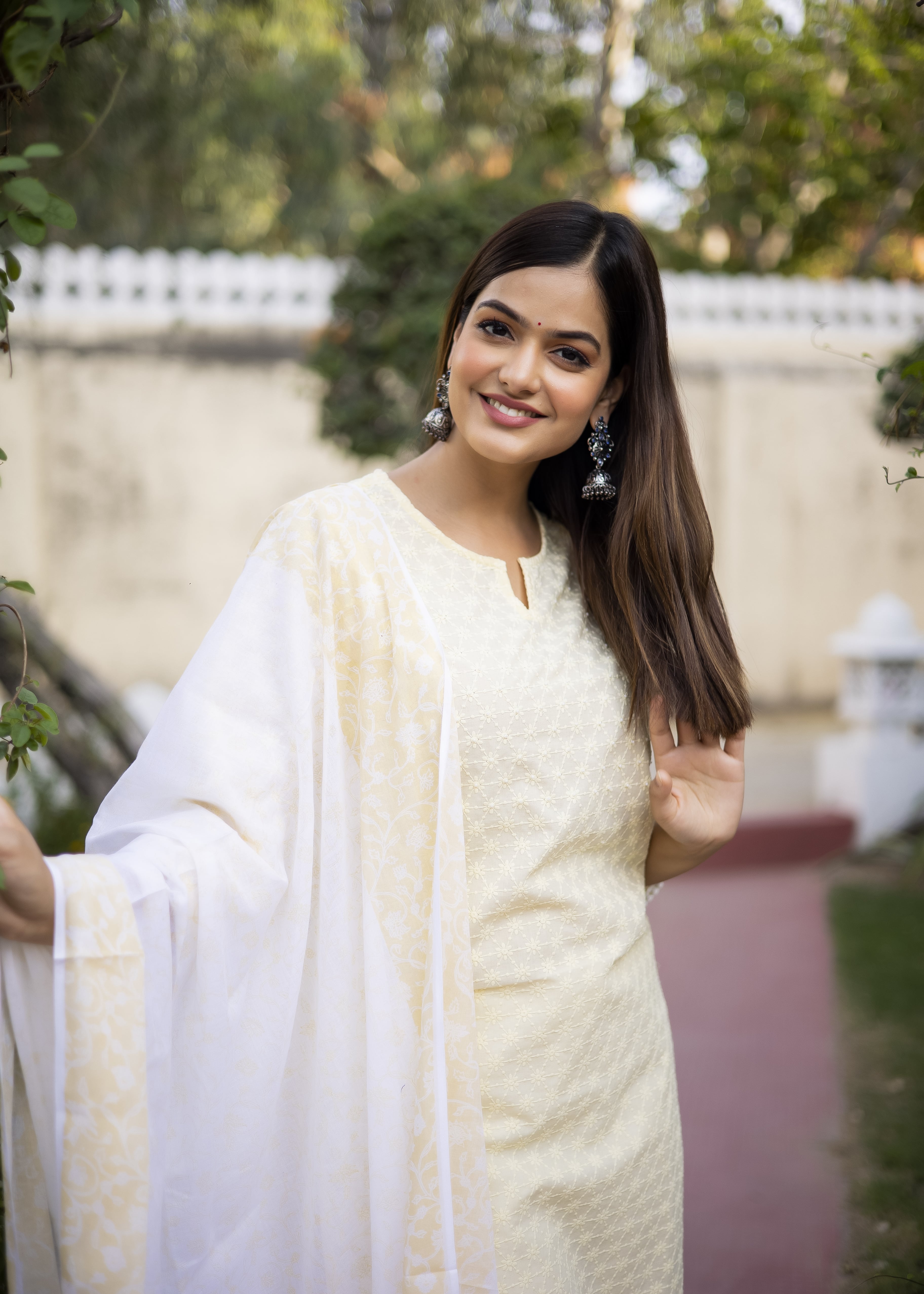 Elegant Yellow Embroidered Kurta Set with White Dupatta