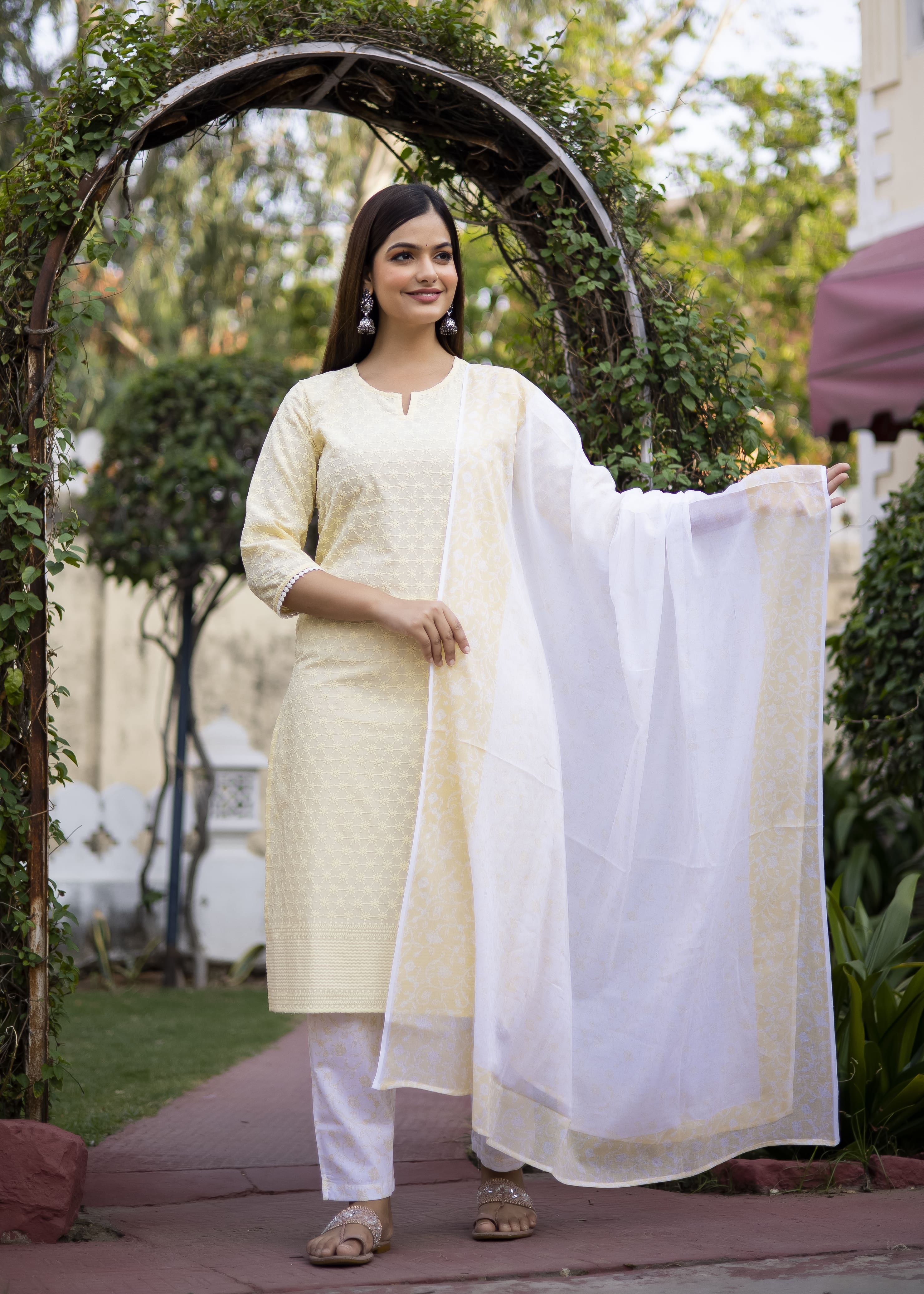 Elegant Yellow Embroidered Kurta Set with White Dupatta