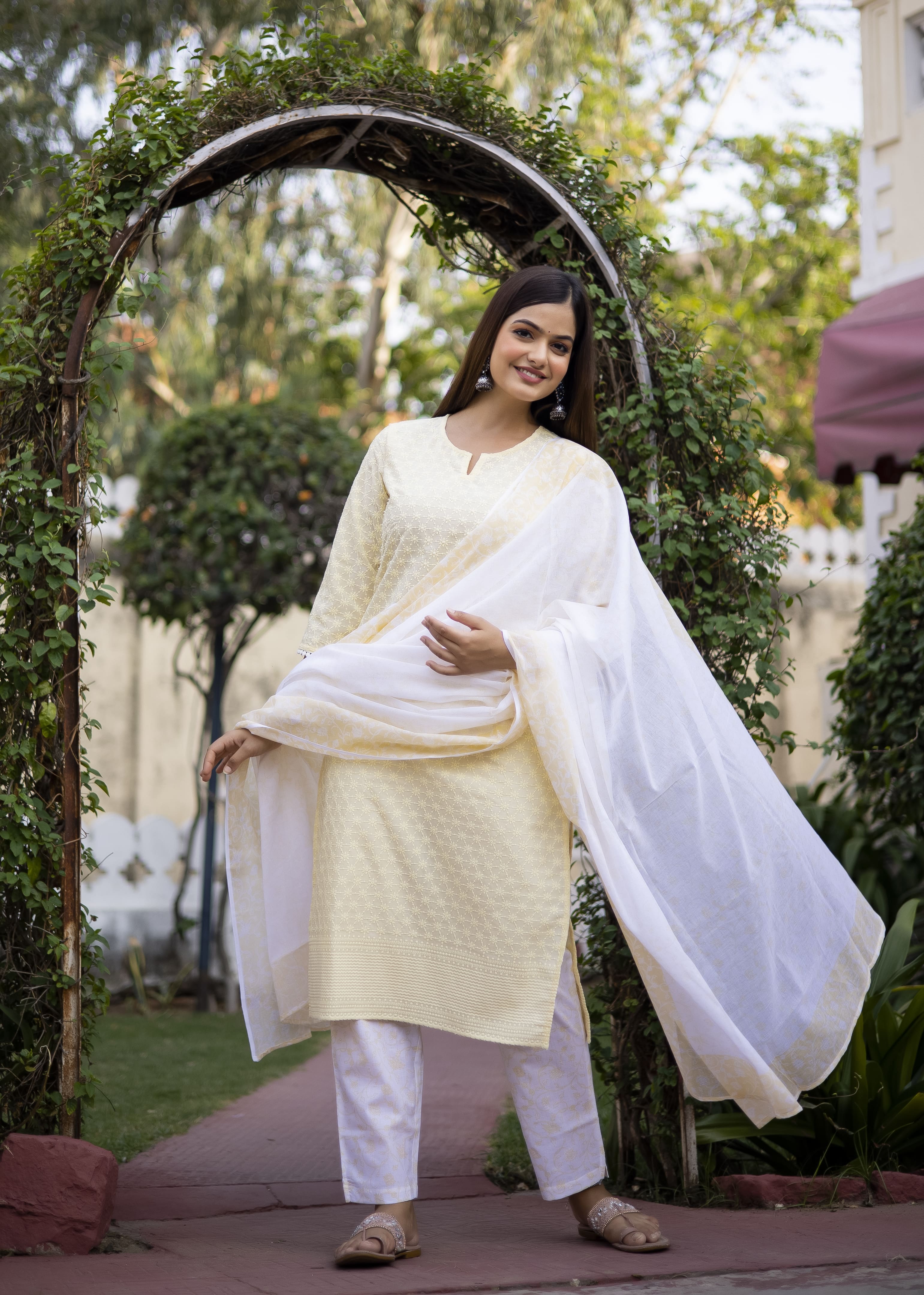 Elegant Yellow Embroidered Kurta Set with White Dupatta