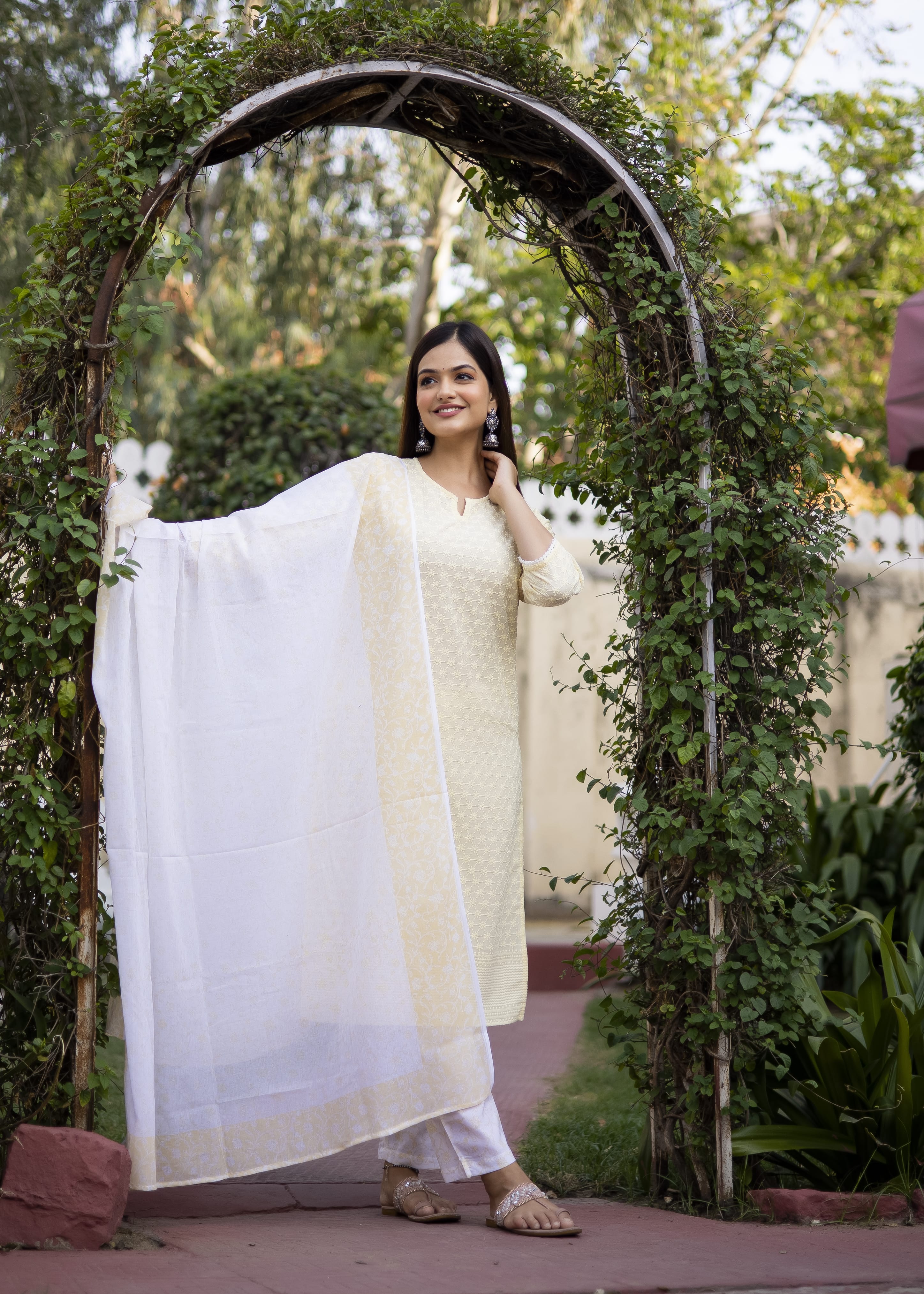 Elegant Yellow Embroidered Kurta Set with White Dupatta