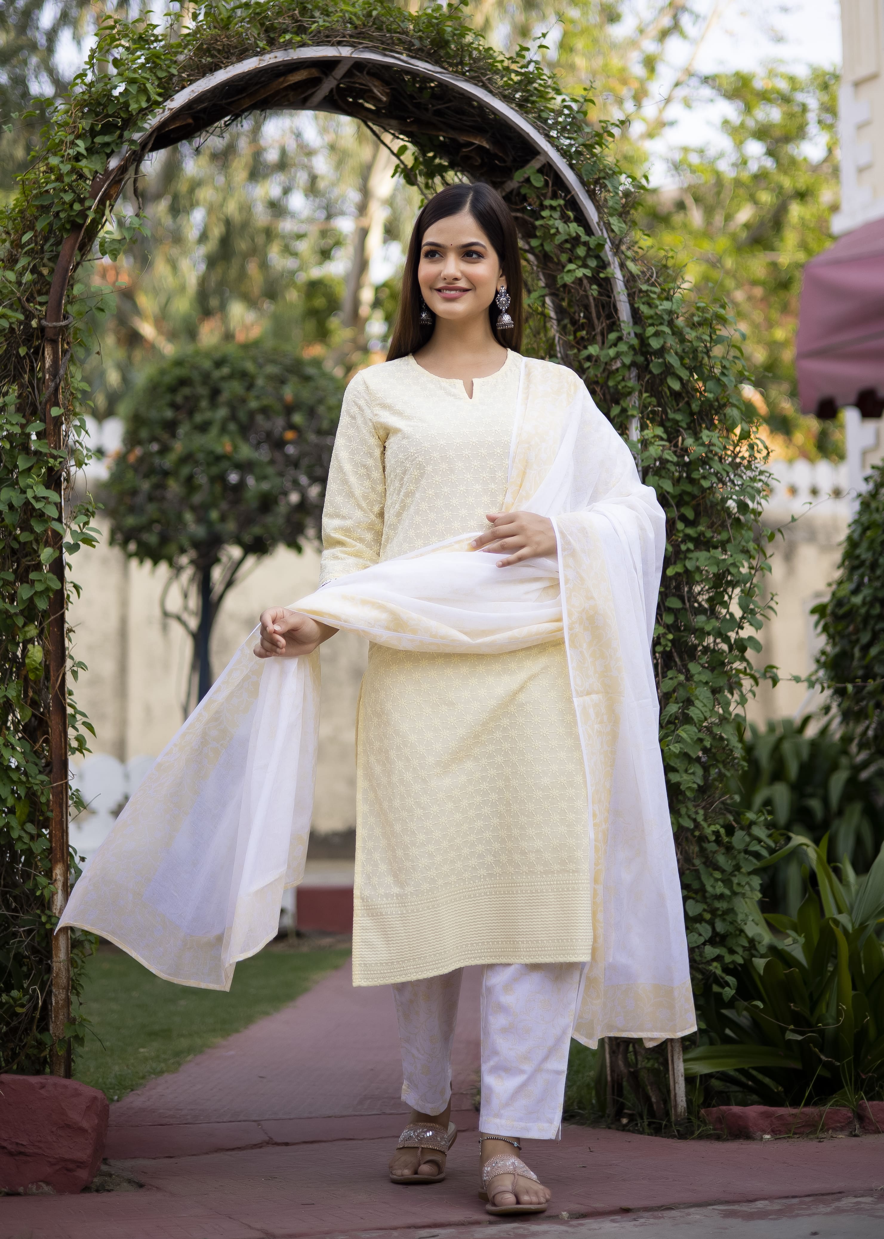 Elegant Yellow Embroidered Kurta Set with White Dupatta