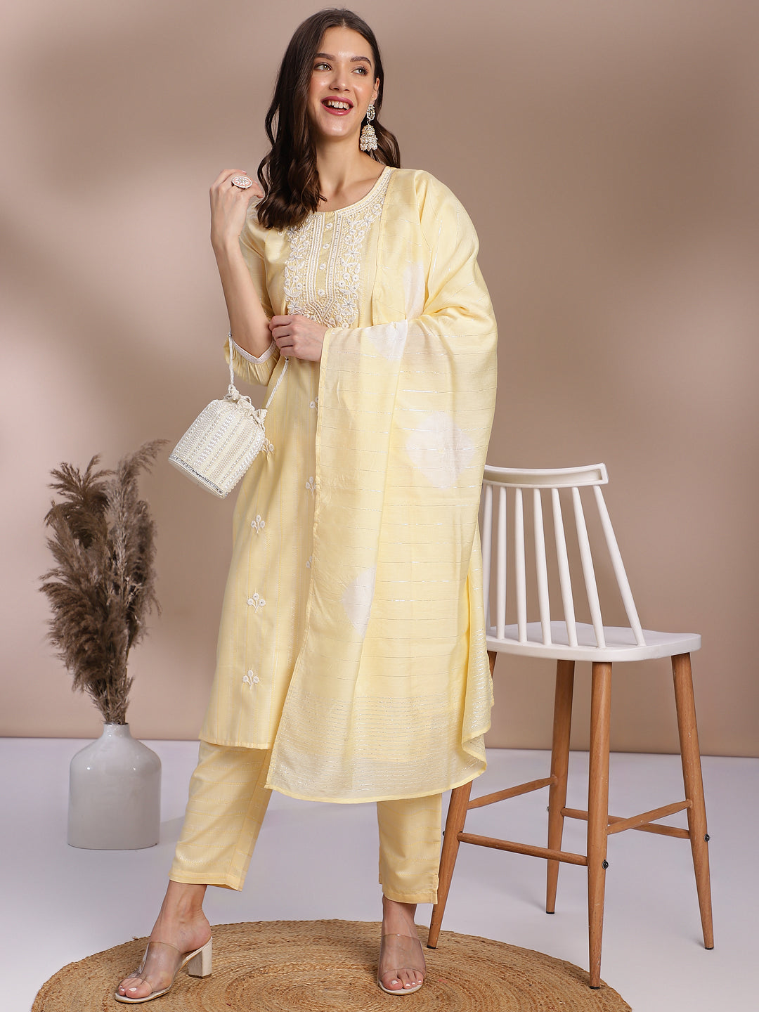 Yellow Embroidered Kurta Set with Dupatta