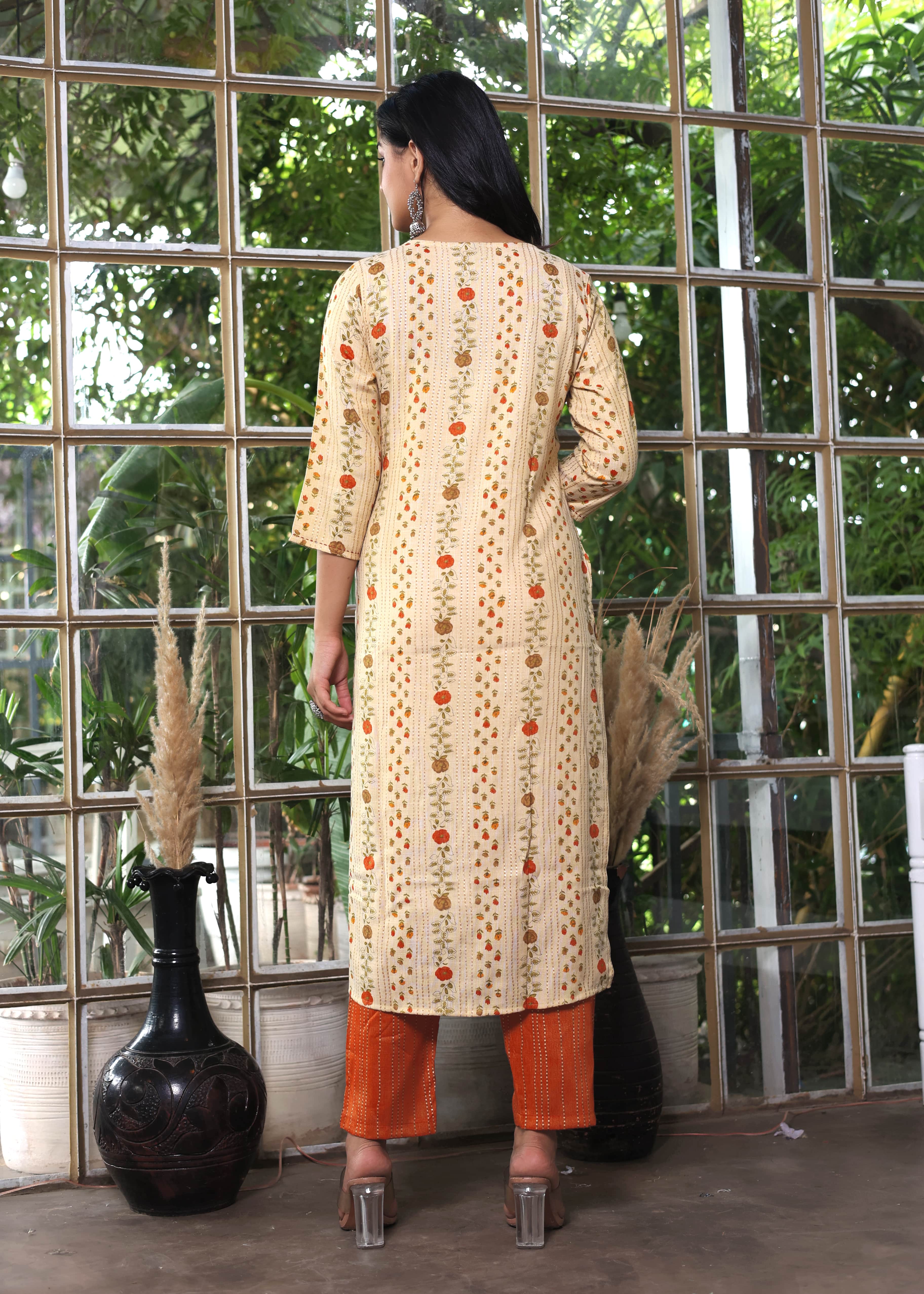 Beige Floral Printed Straight Kurta with Rust Pants