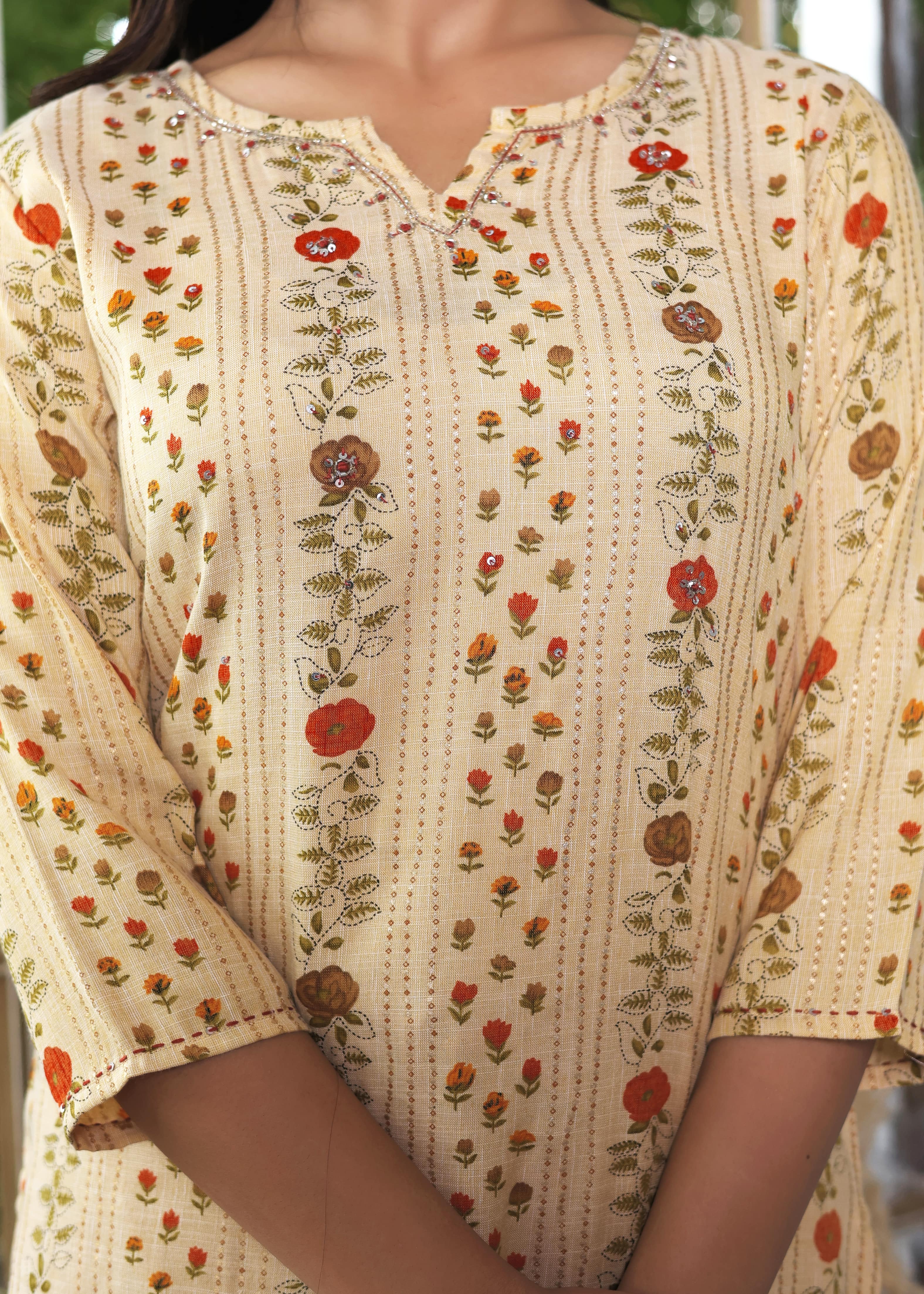 Beige Floral Printed Straight Kurta with Rust Pants