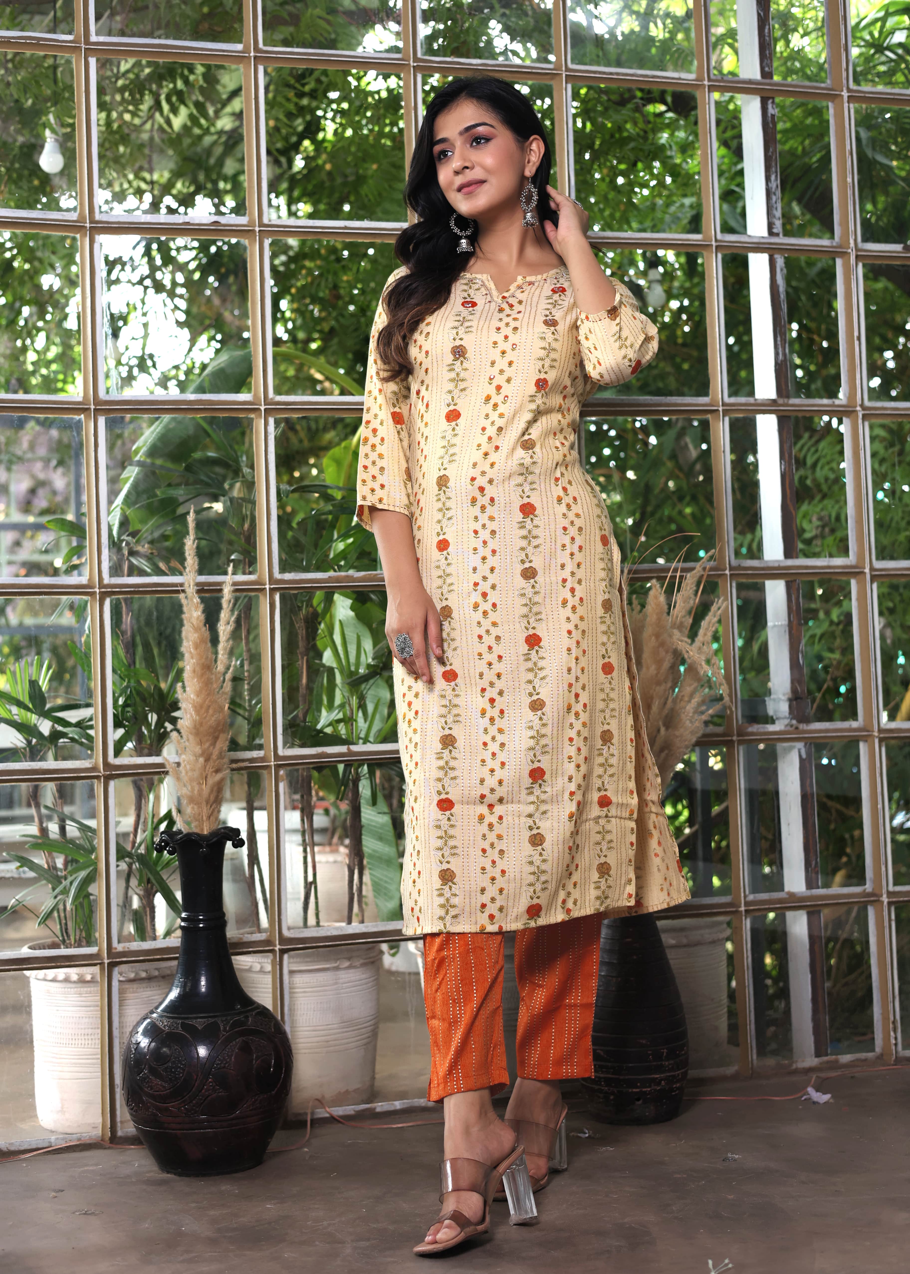 Beige Floral Printed Straight Kurta with Rust Pants