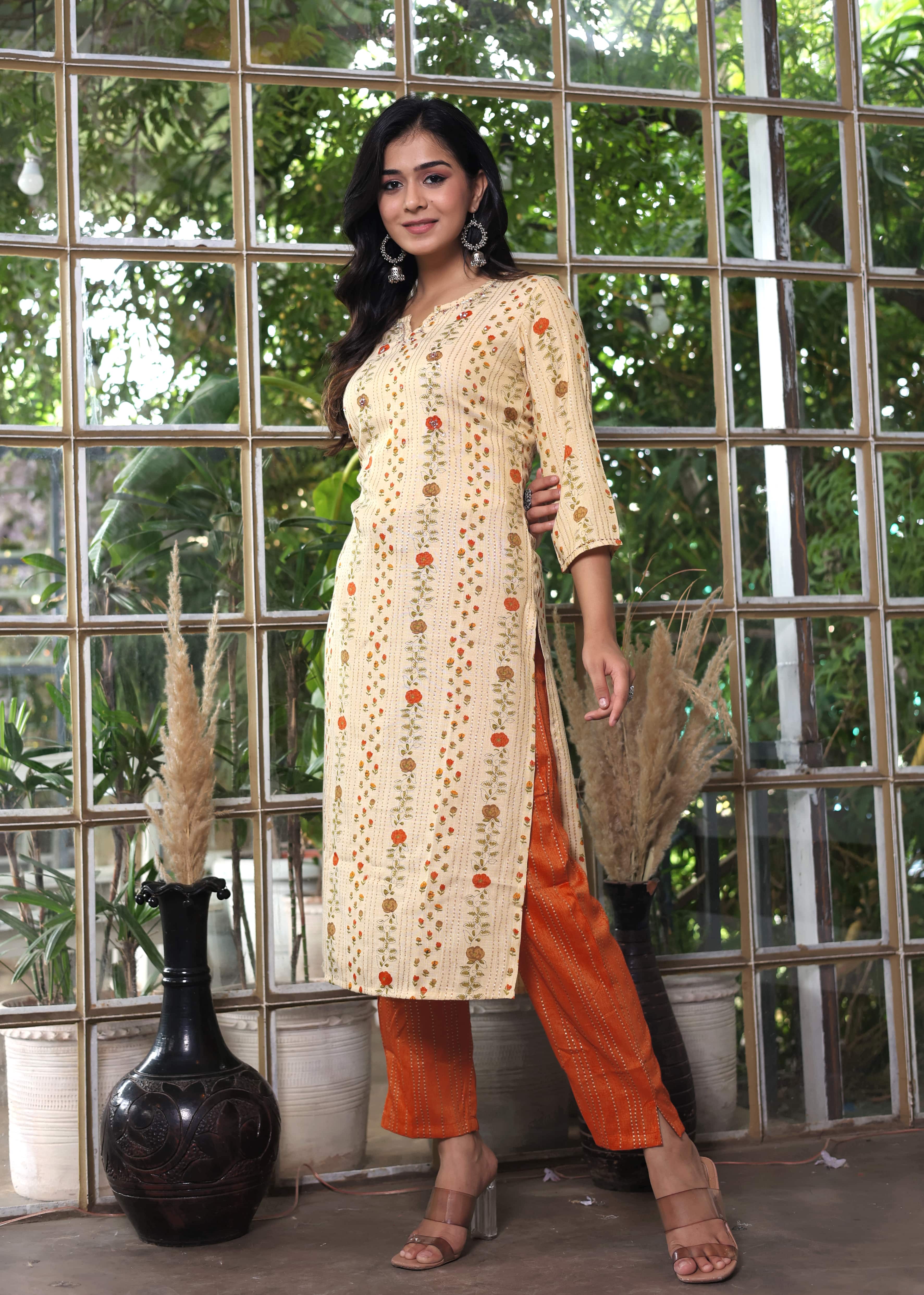 Beige Floral Printed Straight Kurta with Rust Pants