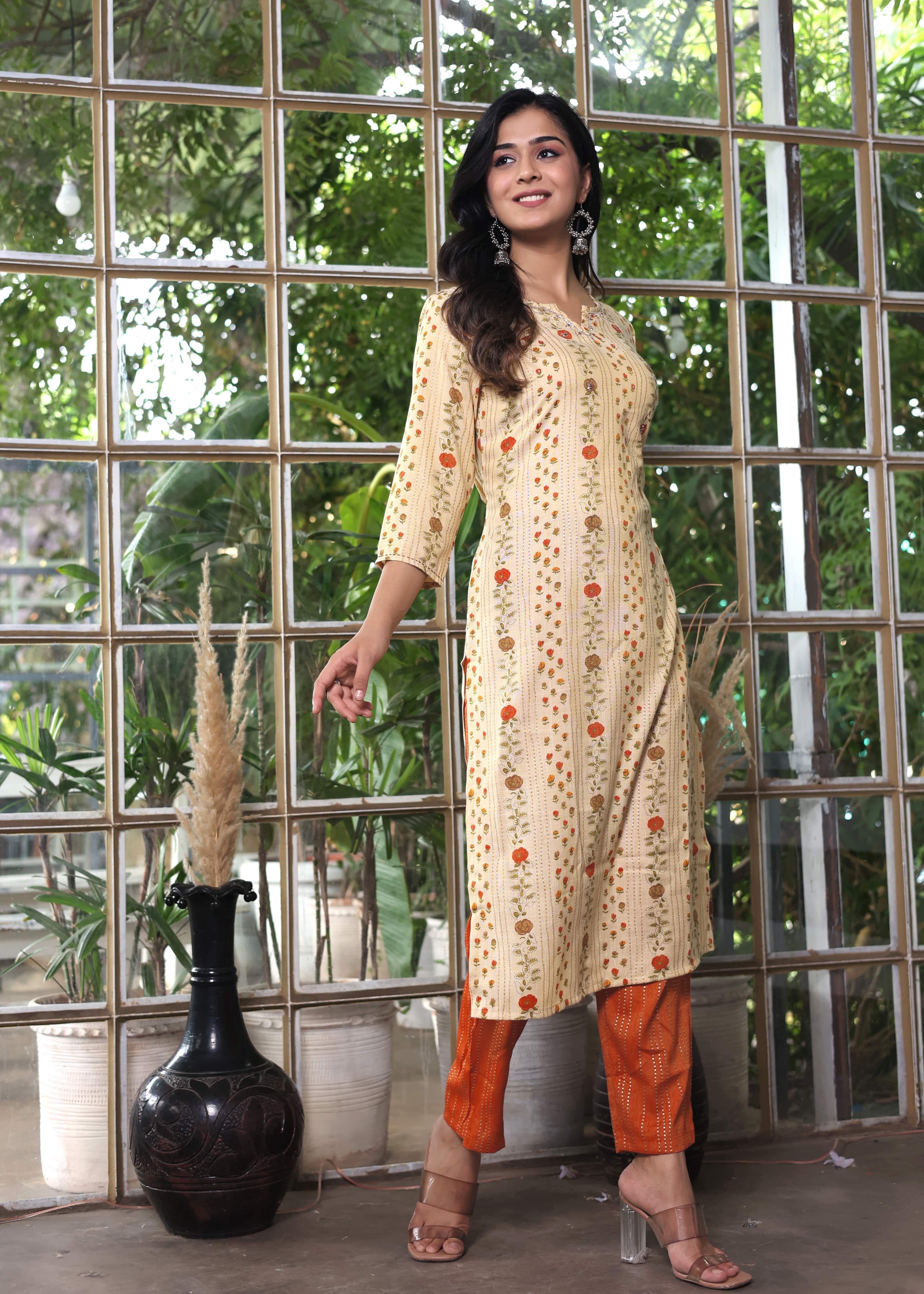 Beige Floral Printed Straight Kurta with Rust Pants