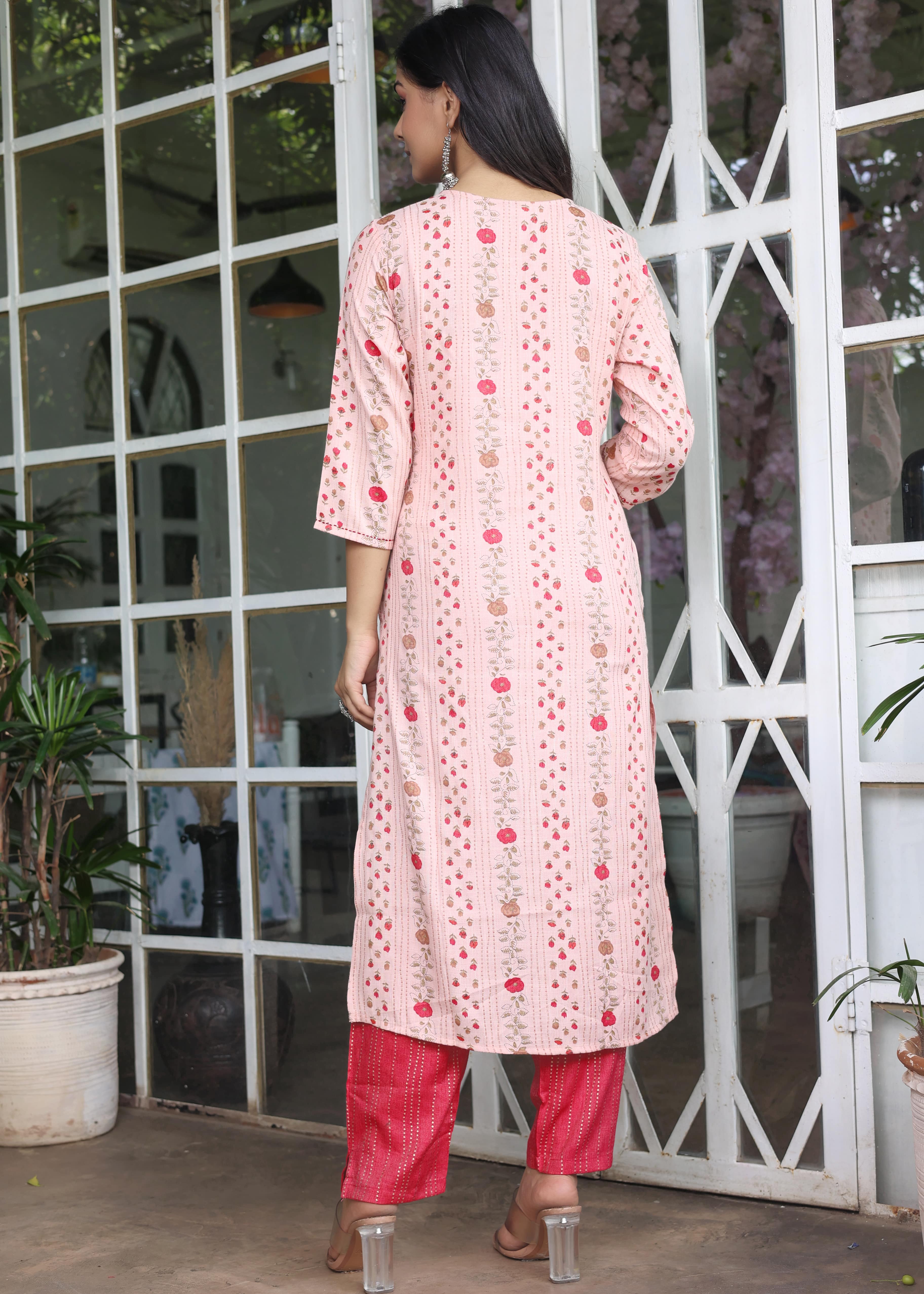 Pink Floral Printed Straight Kurta with Pants