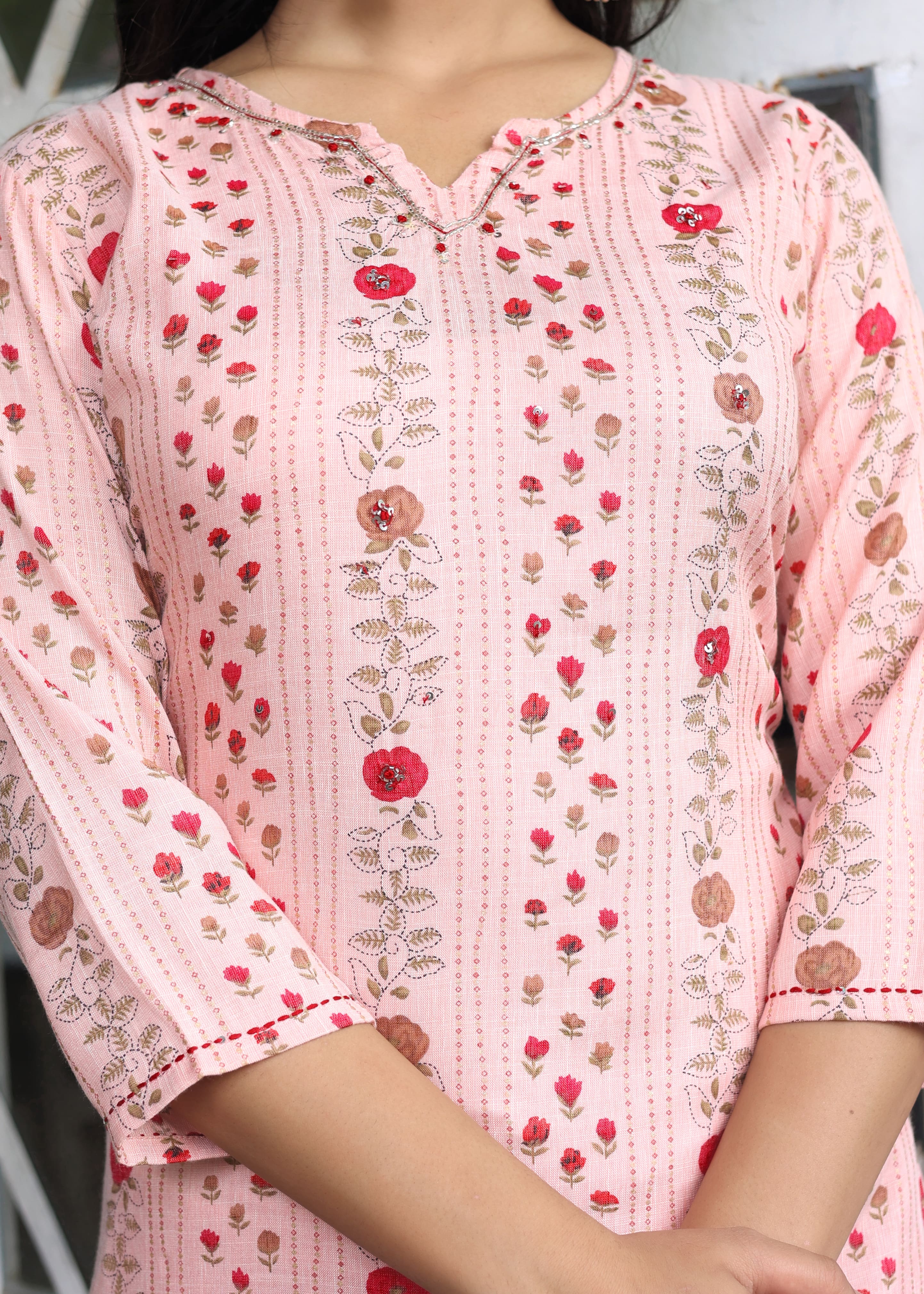 Pink Floral Printed Straight Kurta with Pants