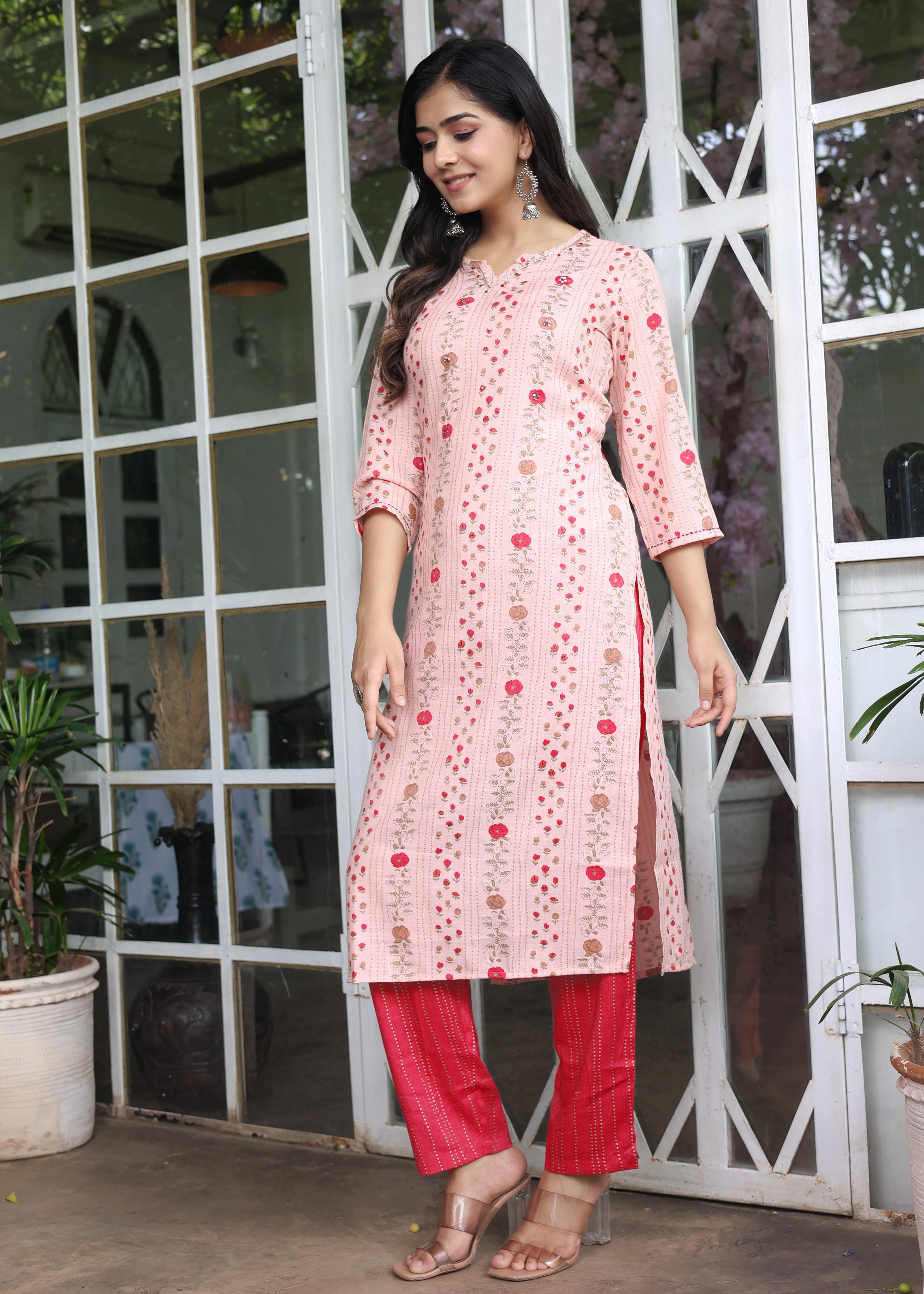 Pink Floral Printed Straight Kurta with Pants