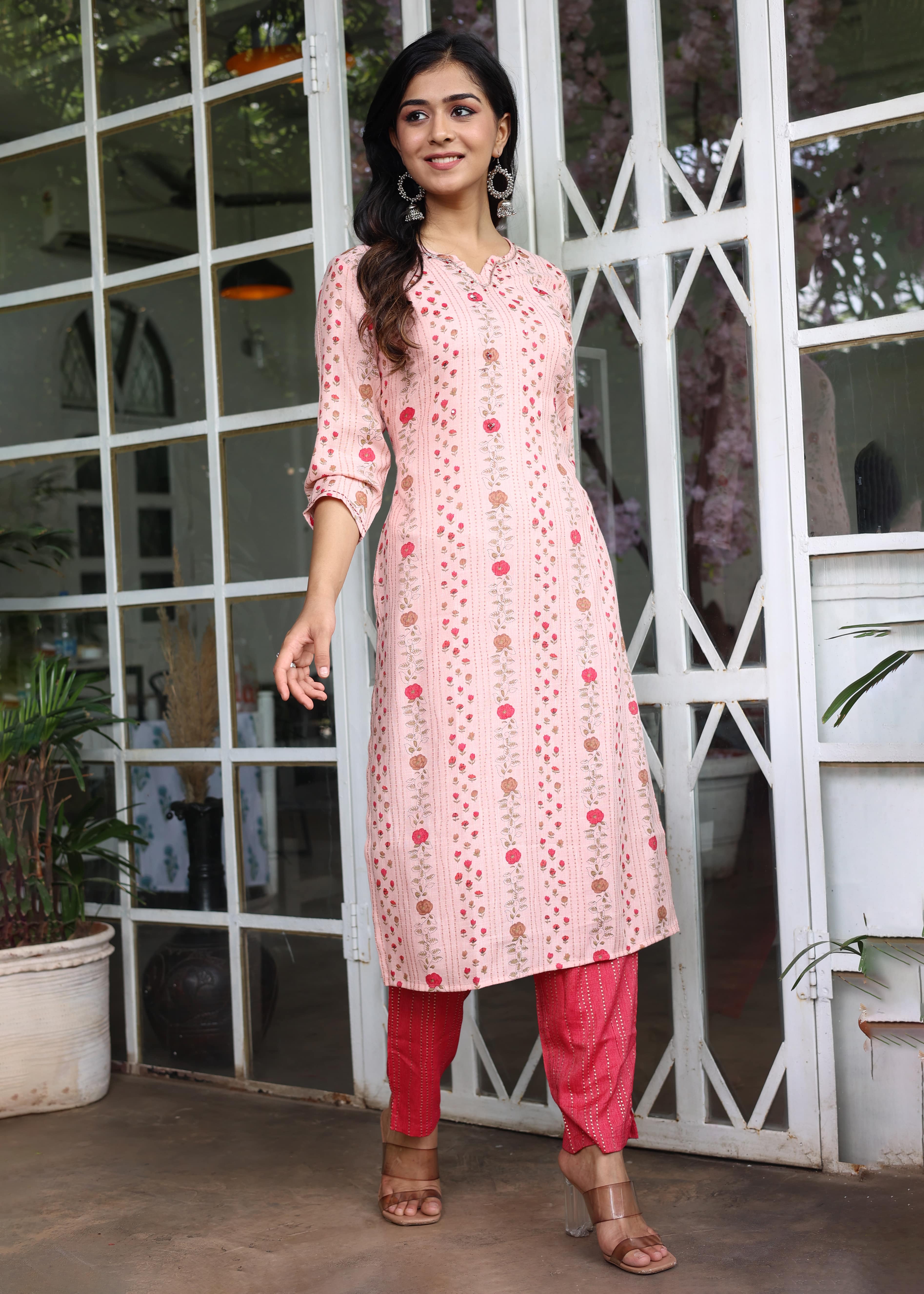 Pink Floral Printed Straight Kurta with Pants