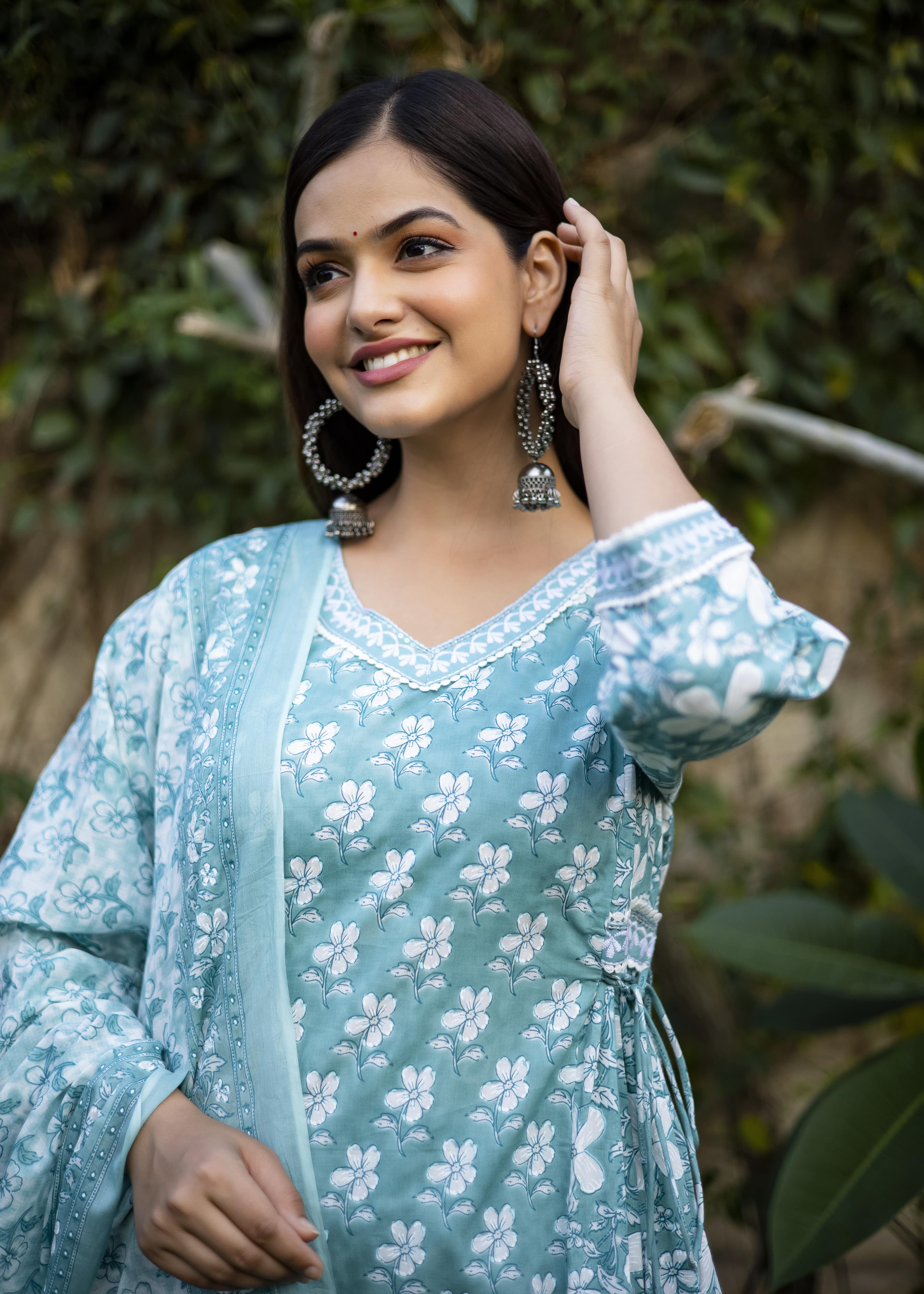 Elegant Light Teal Floral Cotton 3-Piece Set