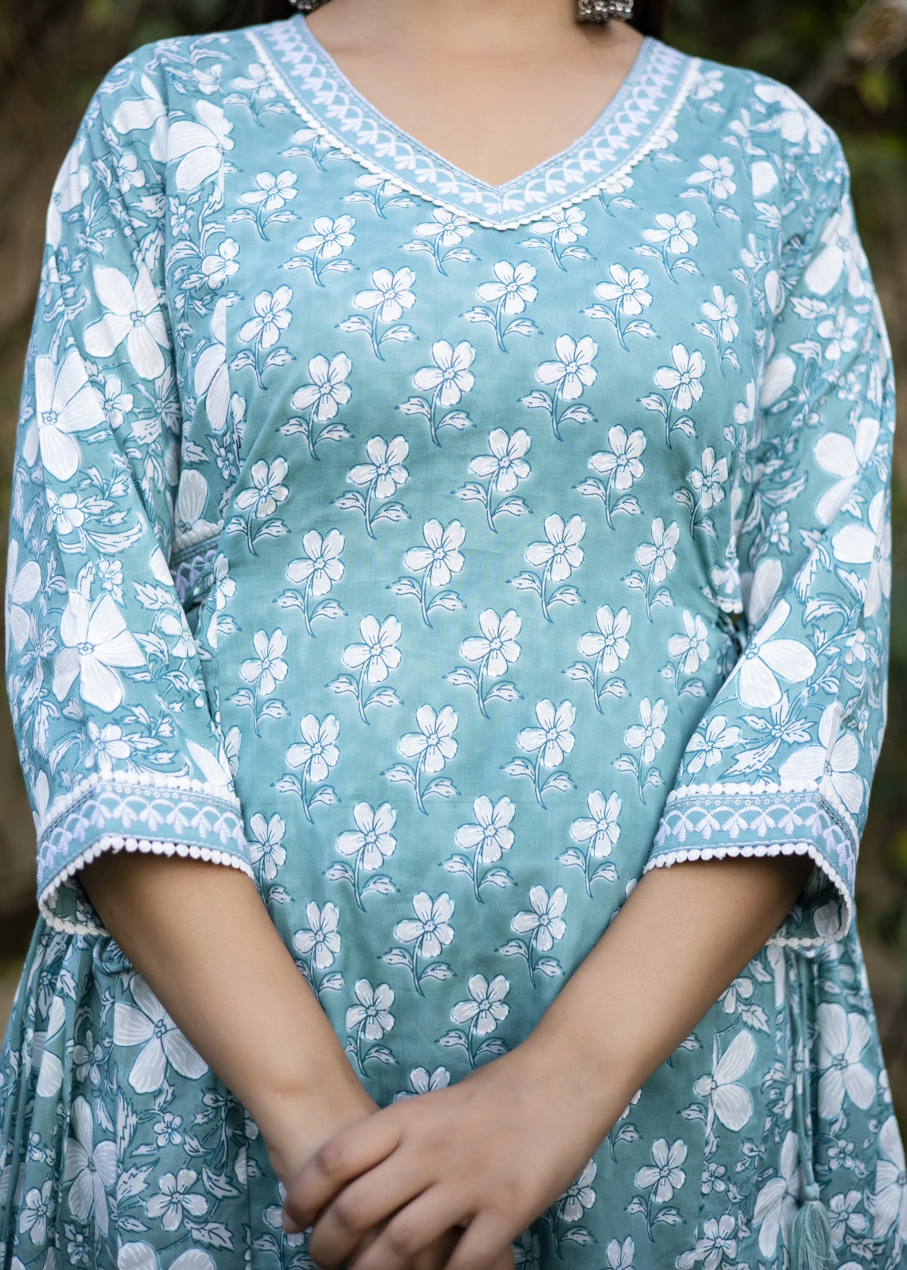 Elegant Light Teal Floral Cotton 3-Piece Set
