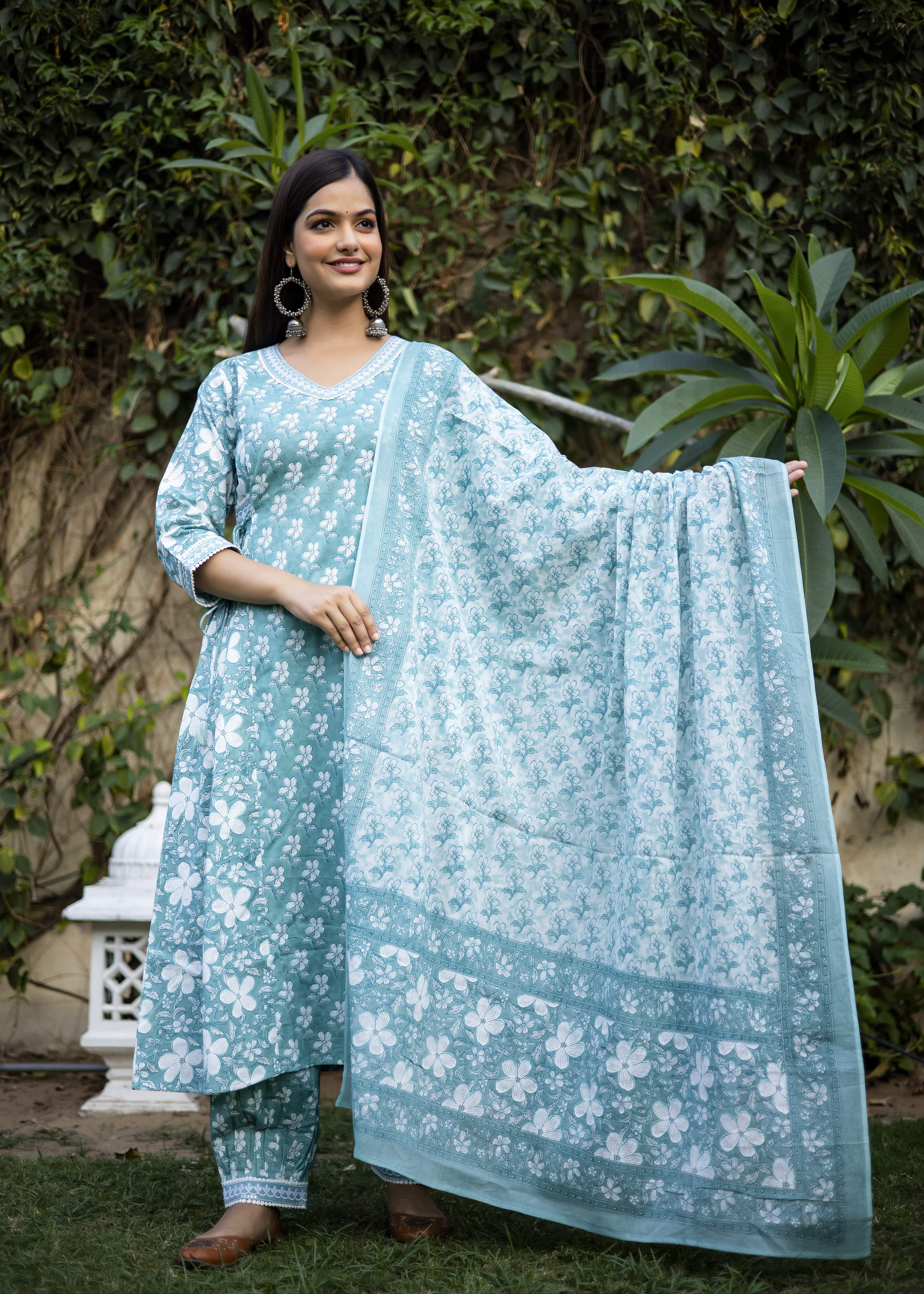 Elegant Light Teal Floral Cotton 3-Piece Set