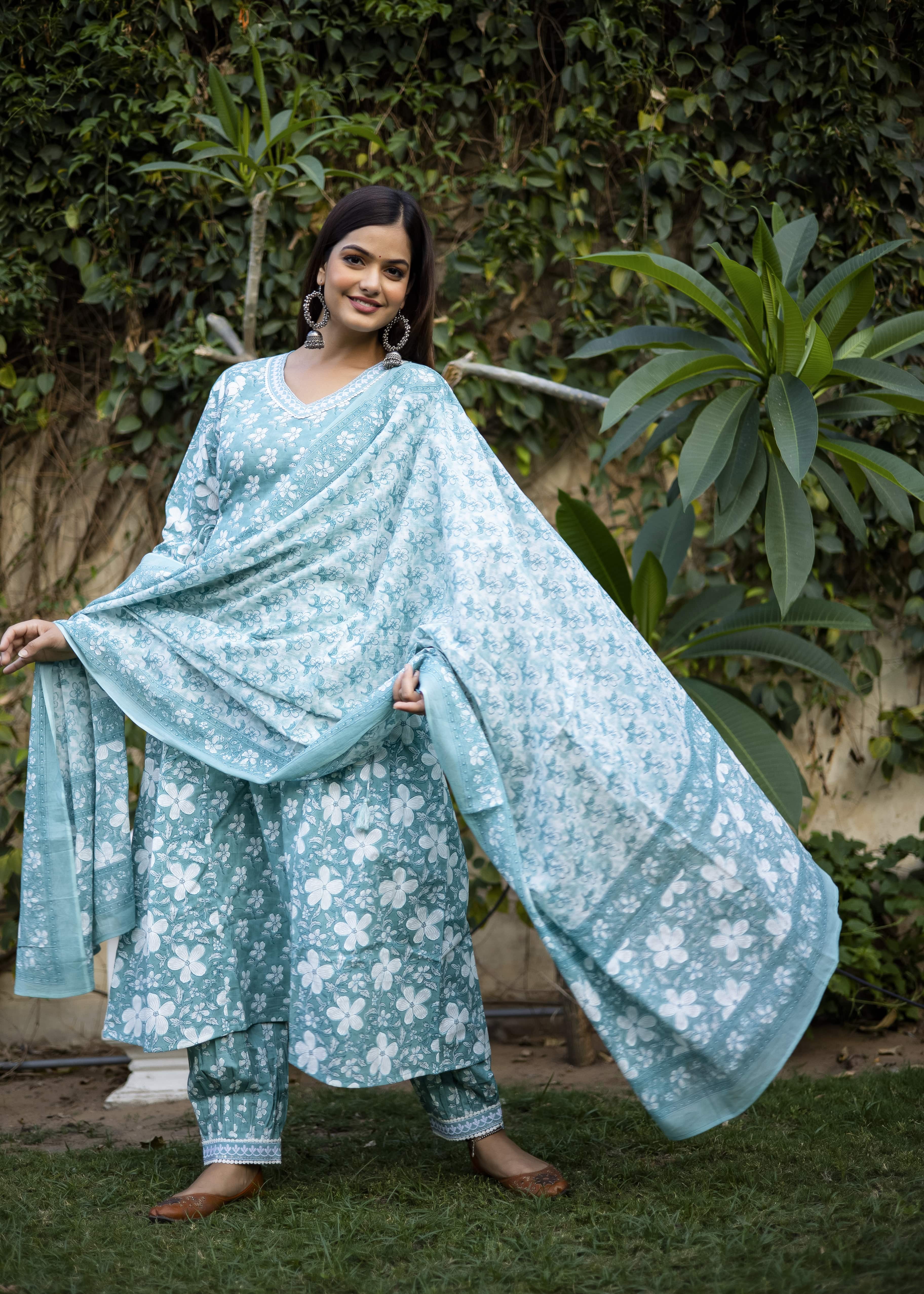Elegant Light Teal Floral Cotton 3-Piece Set