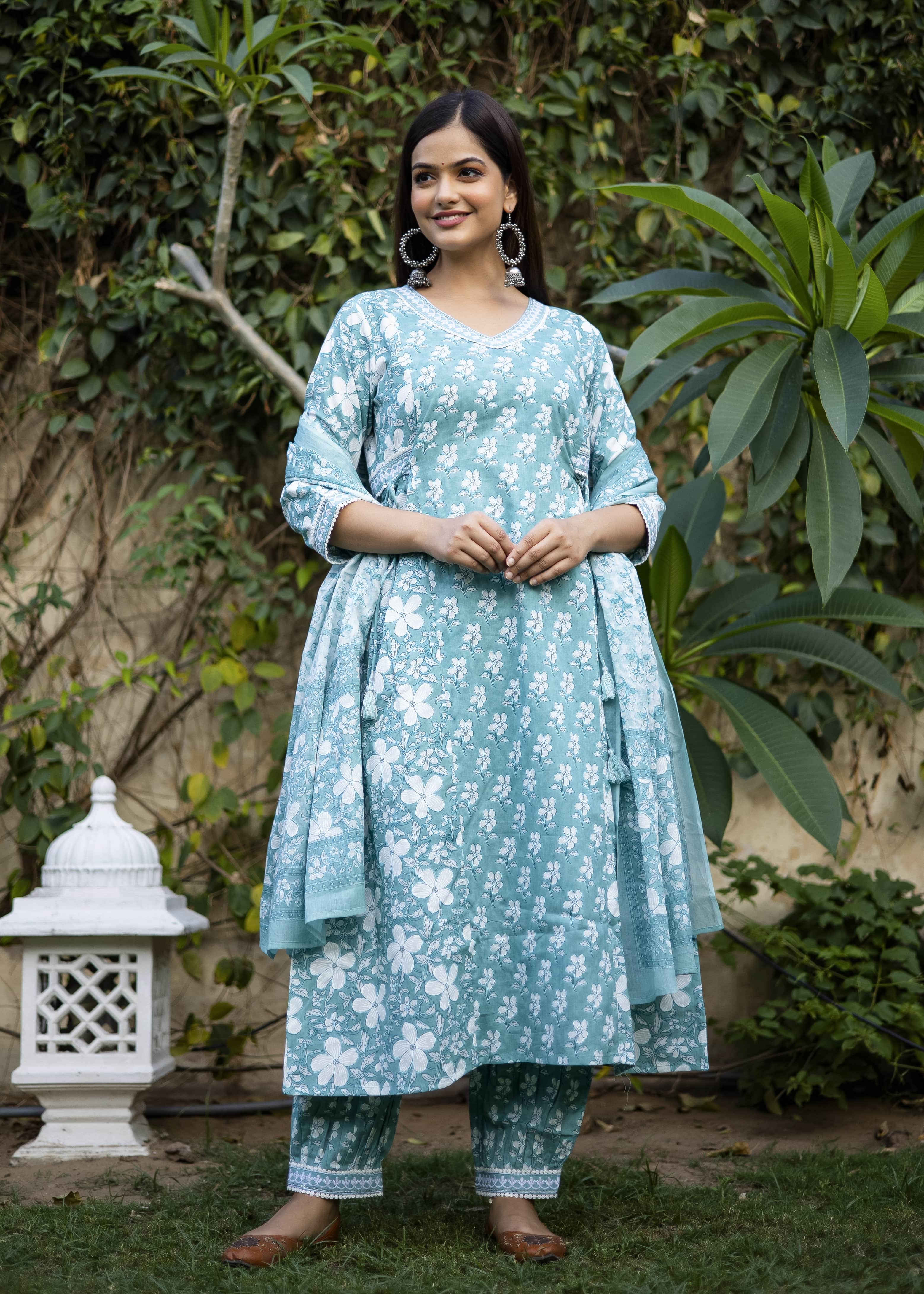 Elegant Light Teal Floral Cotton 3-Piece Set