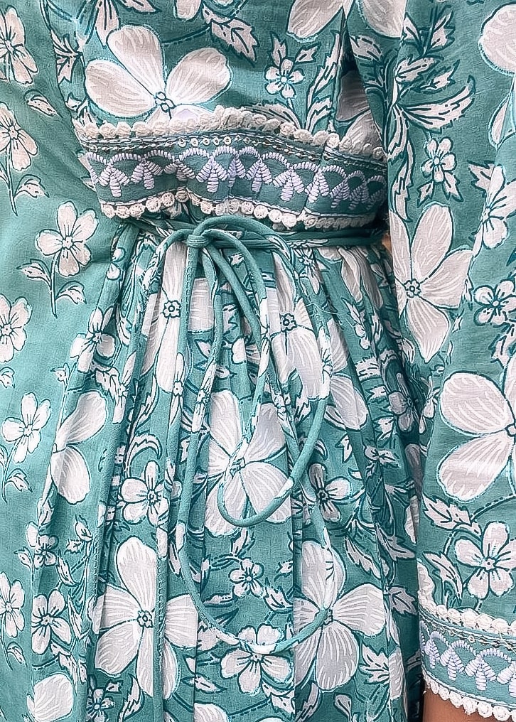 Elegant Light Teal Floral Cotton 3-Piece Set