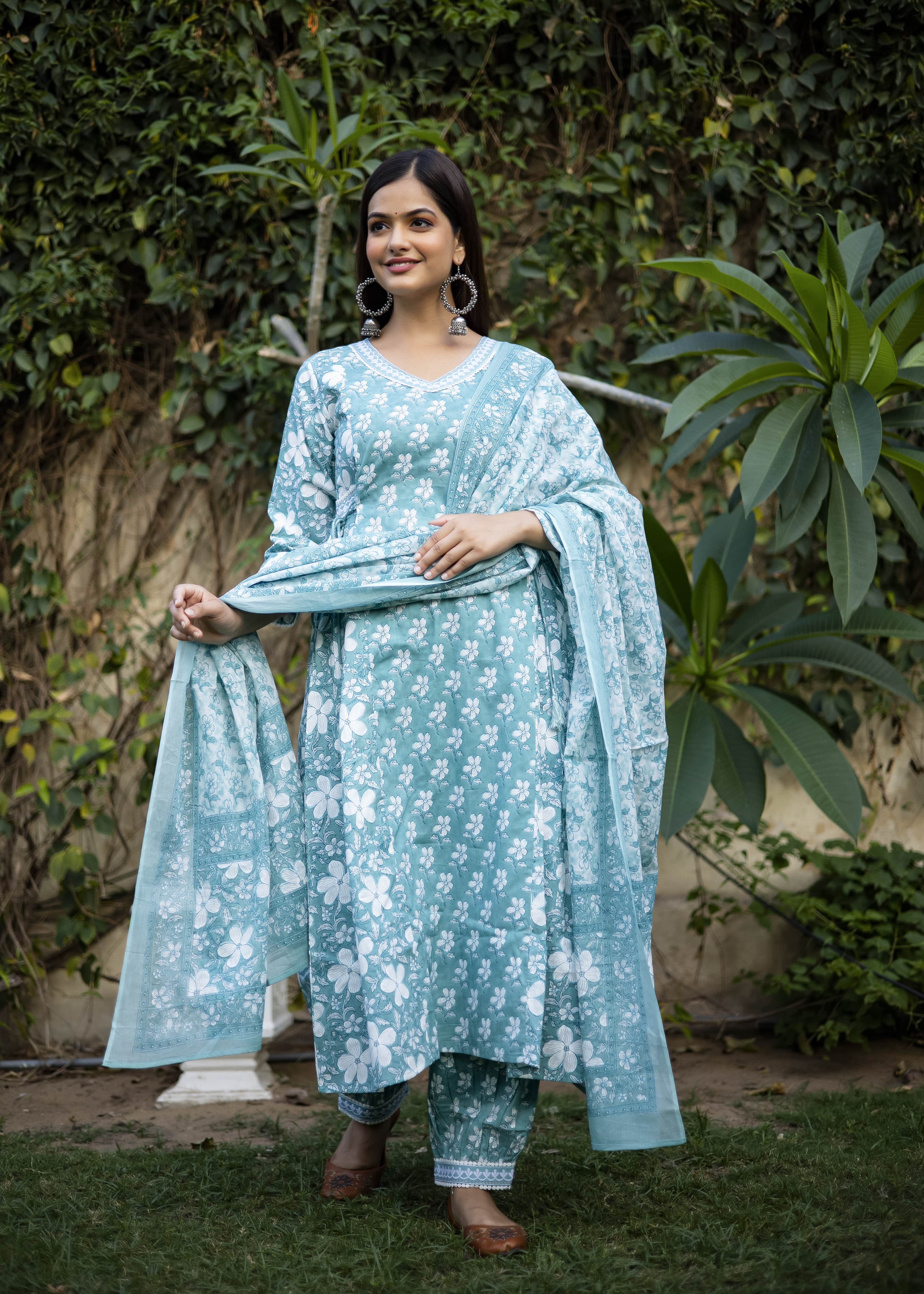 Elegant Light Teal Floral Cotton 3-Piece Set