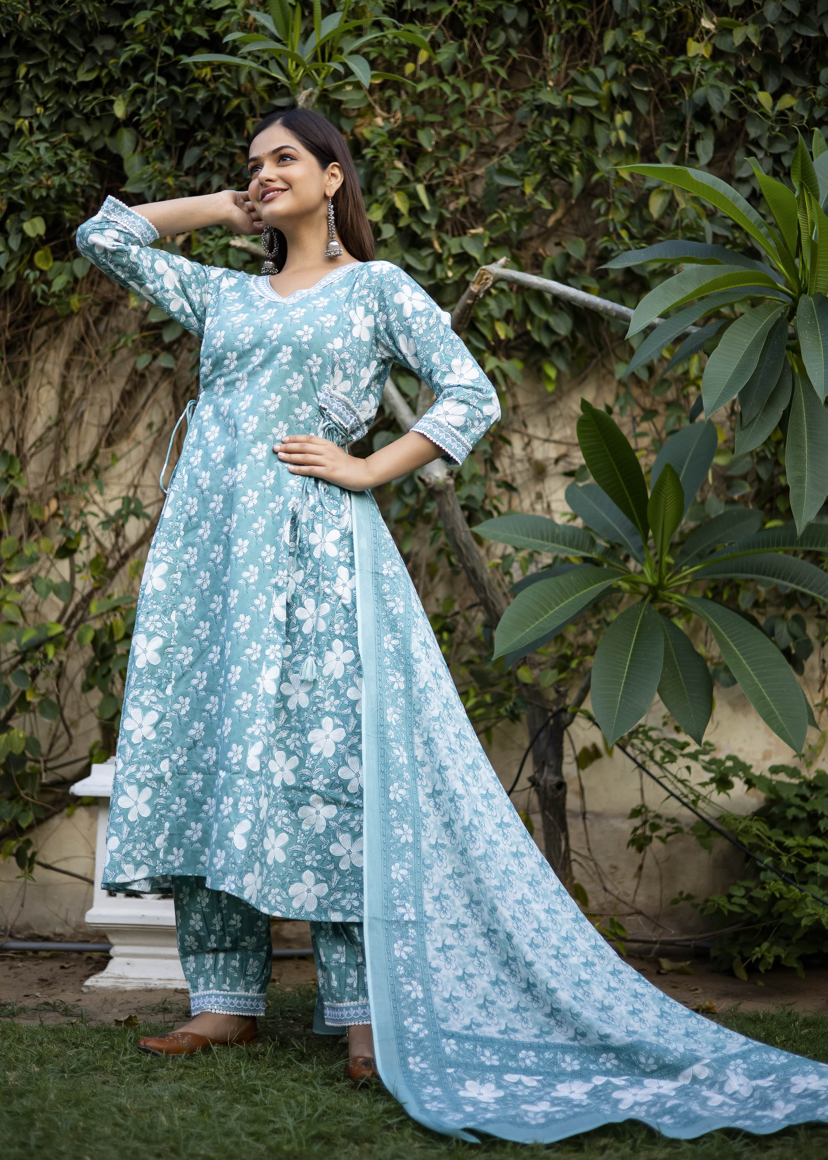 Elegant Light Teal Floral Cotton 3-Piece Set