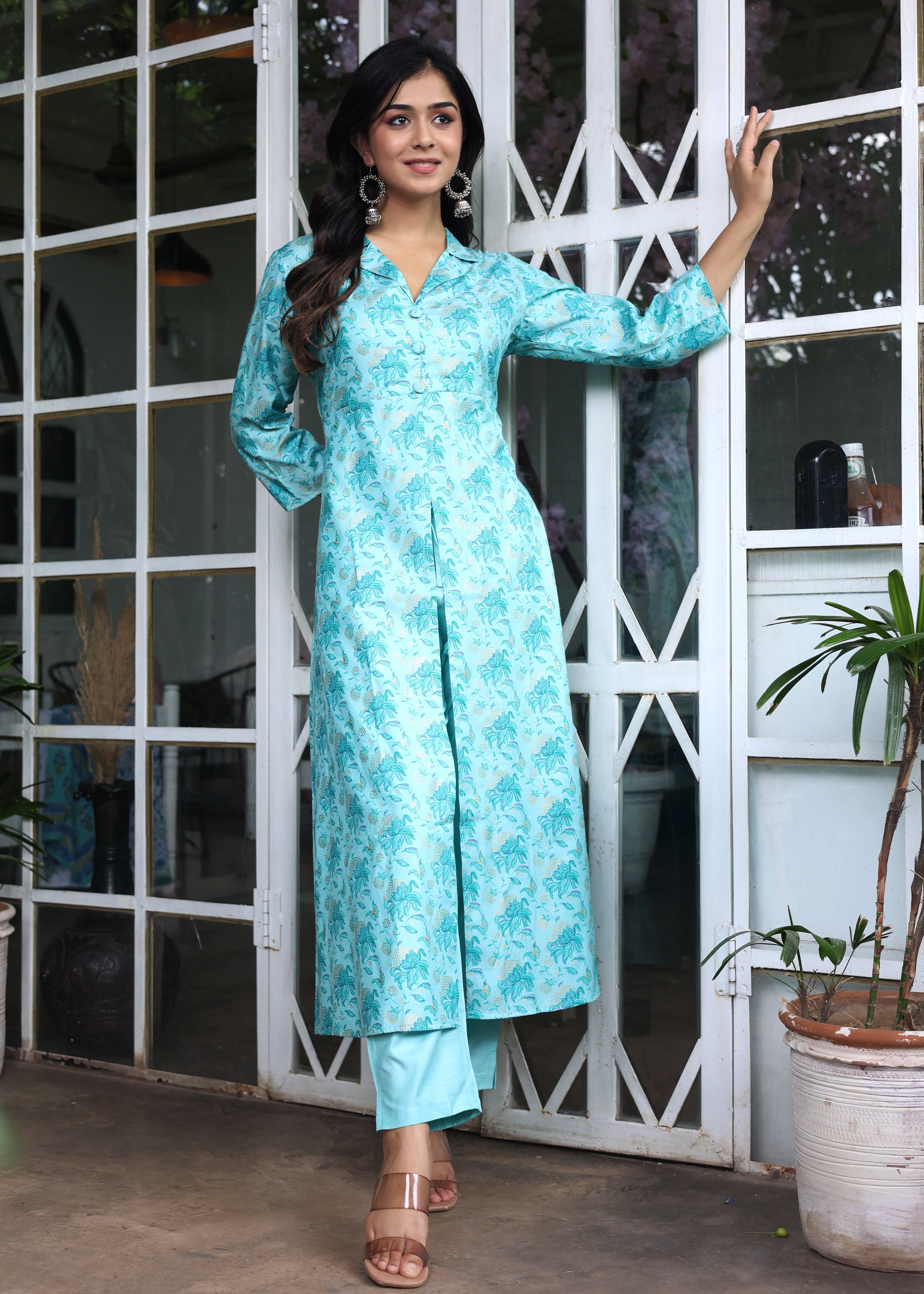 Splash of Turquoise Charm - Ethnic Co-Ord with Straight Pant