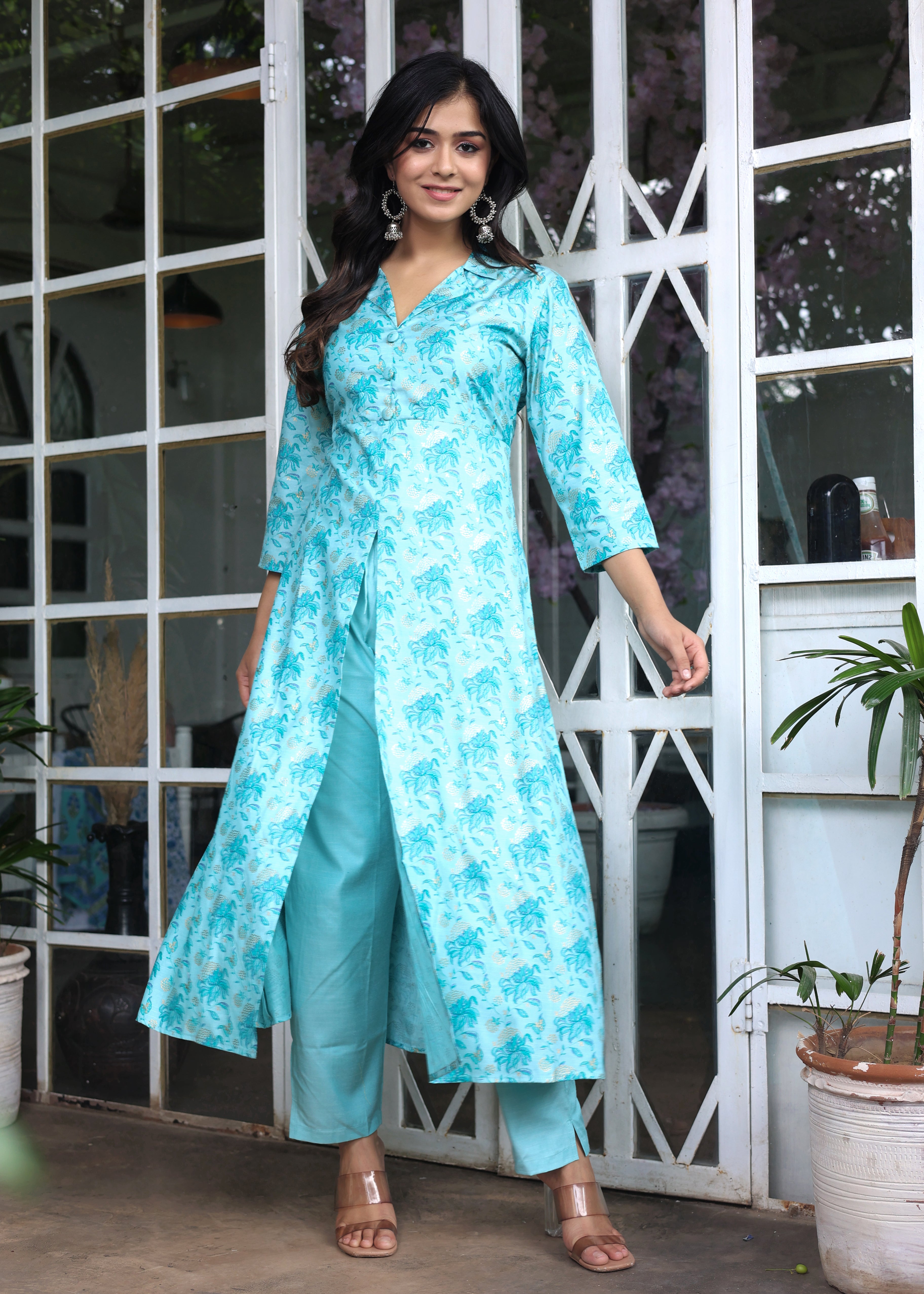 Splash of Turquoise Charm - Ethnic Co-Ord with Straight Pant