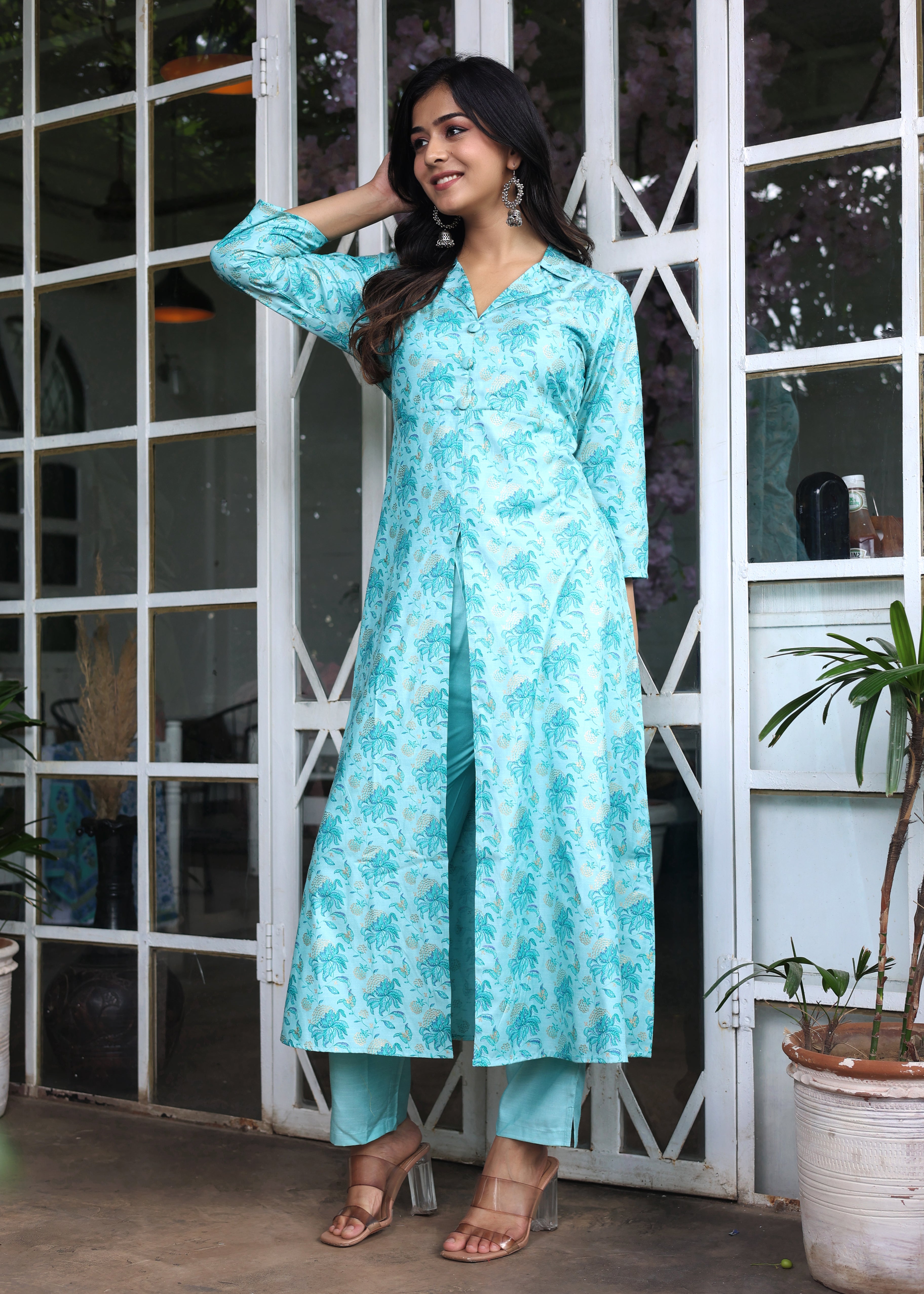 Splash of Turquoise Charm - Ethnic Co-Ord with Straight Pant