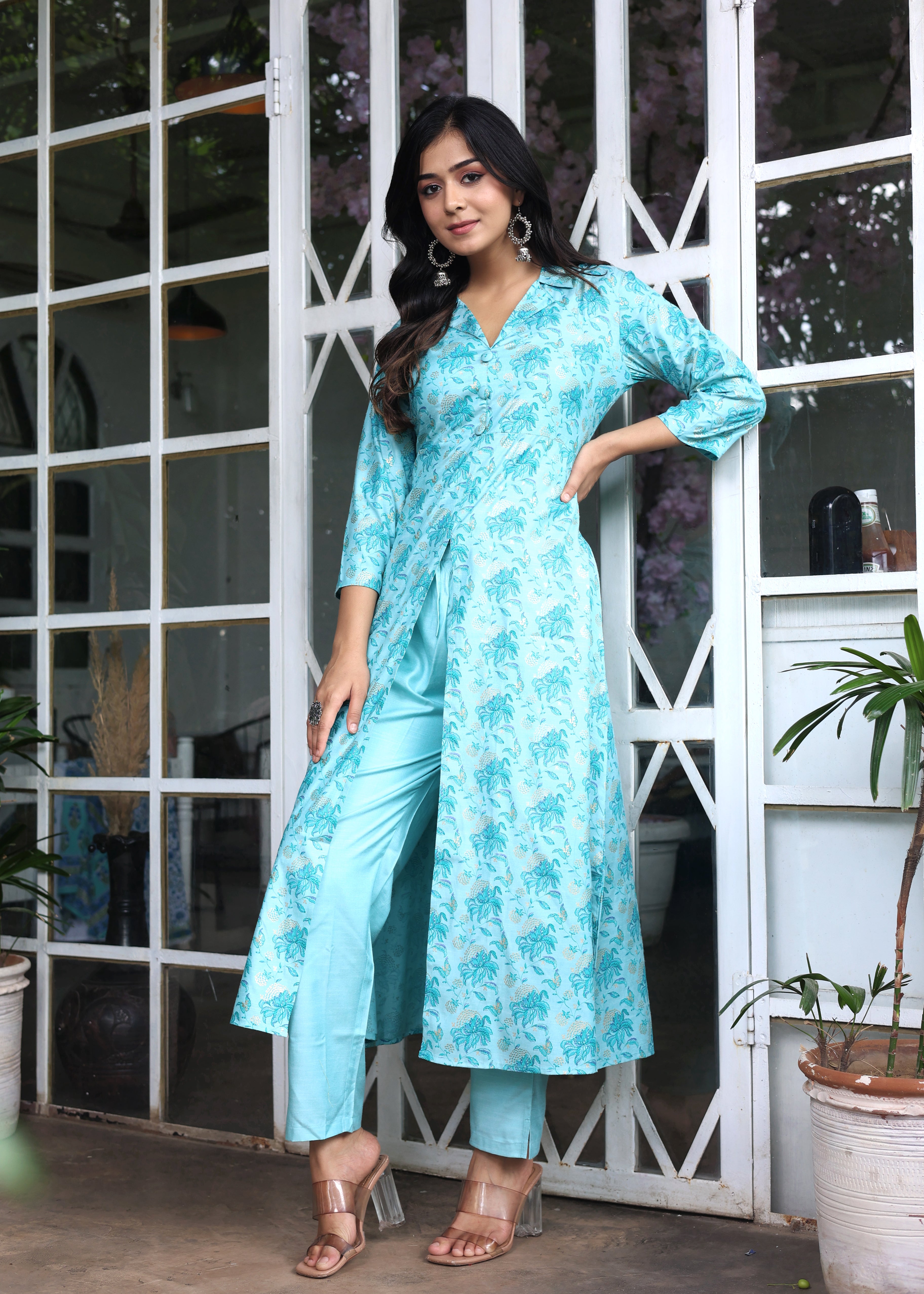Splash of Turquoise Charm - Ethnic Co-Ord with Straight Pant